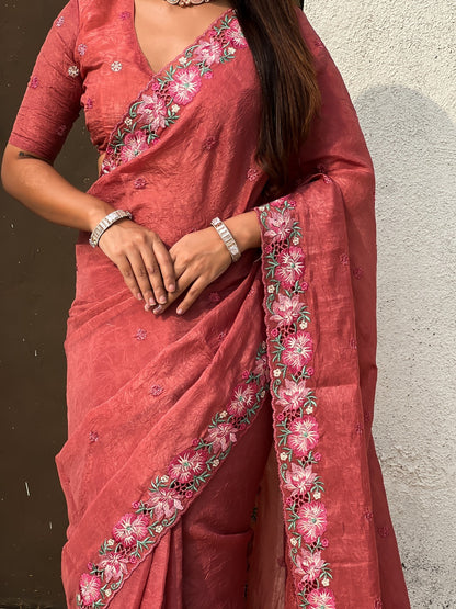 Peach Pure Soft Sufi Crush Silk Saree
