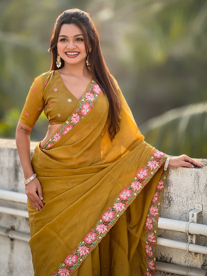 Mustard Pure Soft Sufi Crush Silk Saree