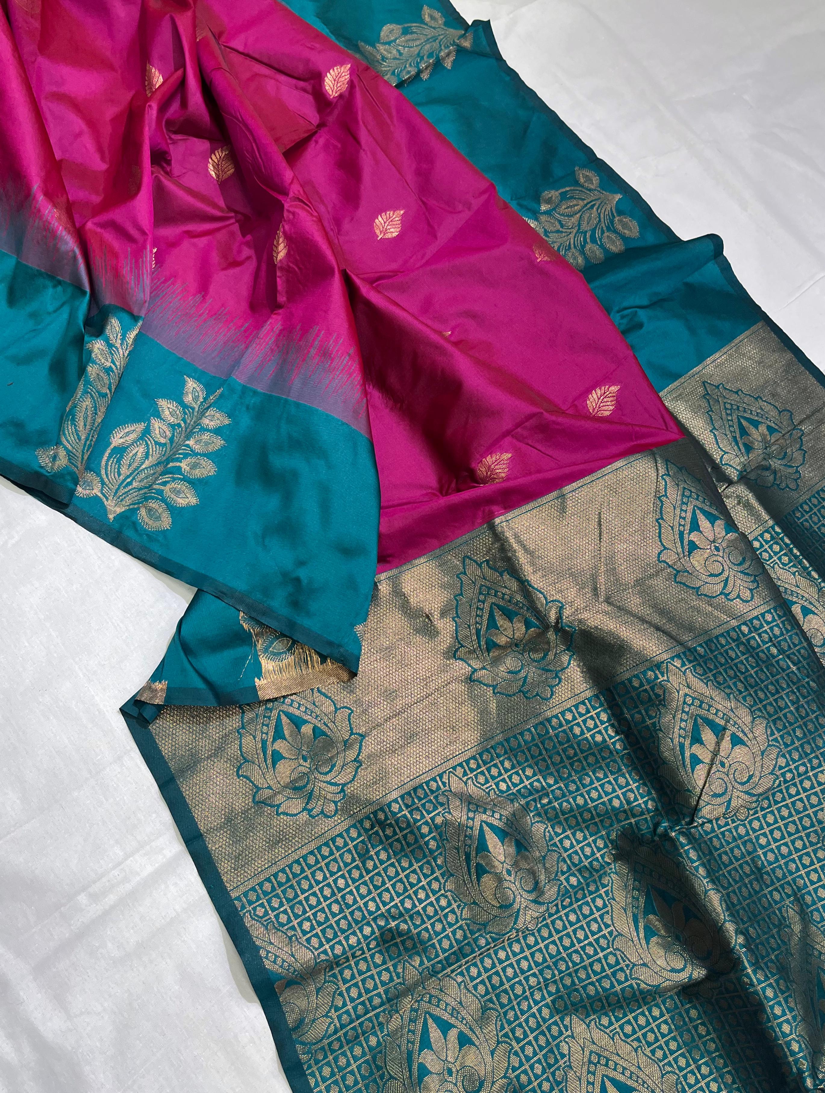 Pink Soft Silk Floral Border Contrast Zari Soft Silk Saree