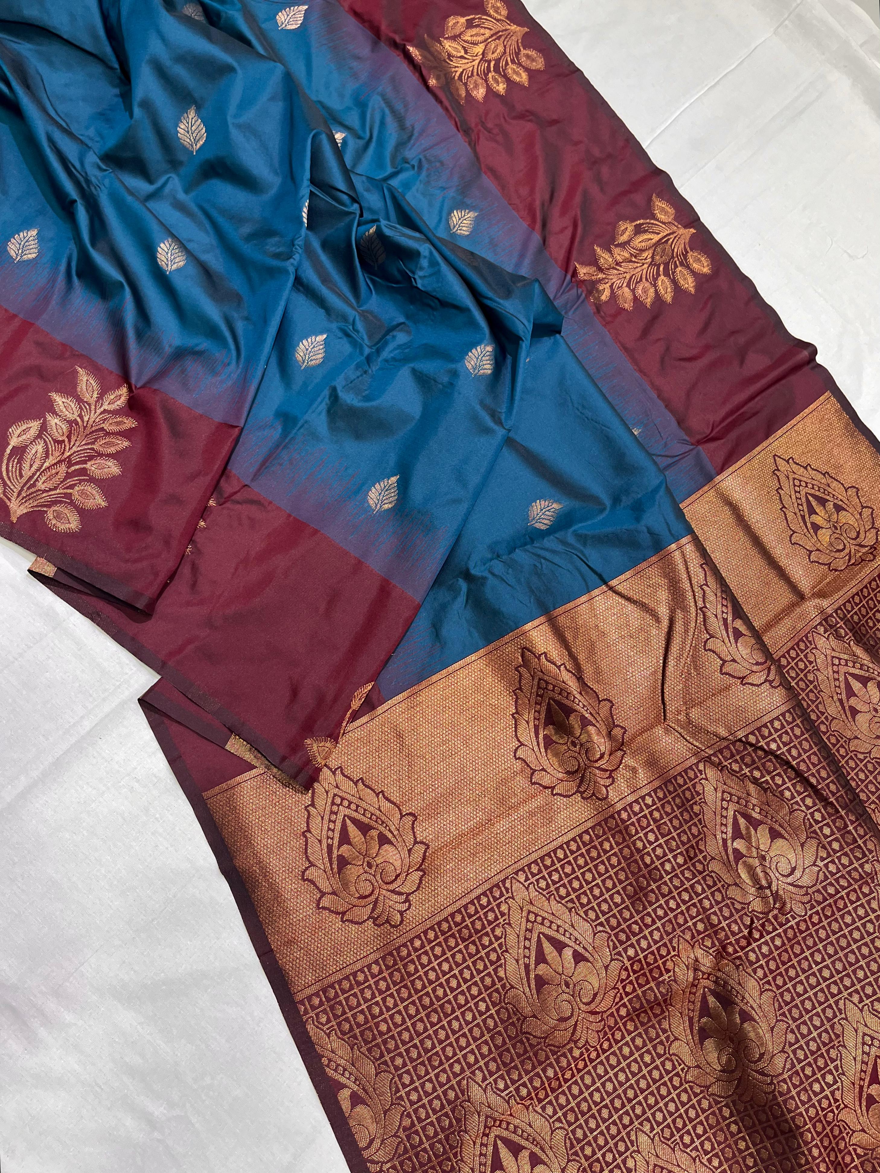 Peacock Blue Soft Silk Floral Border Contrast Zari Soft Silk Saree