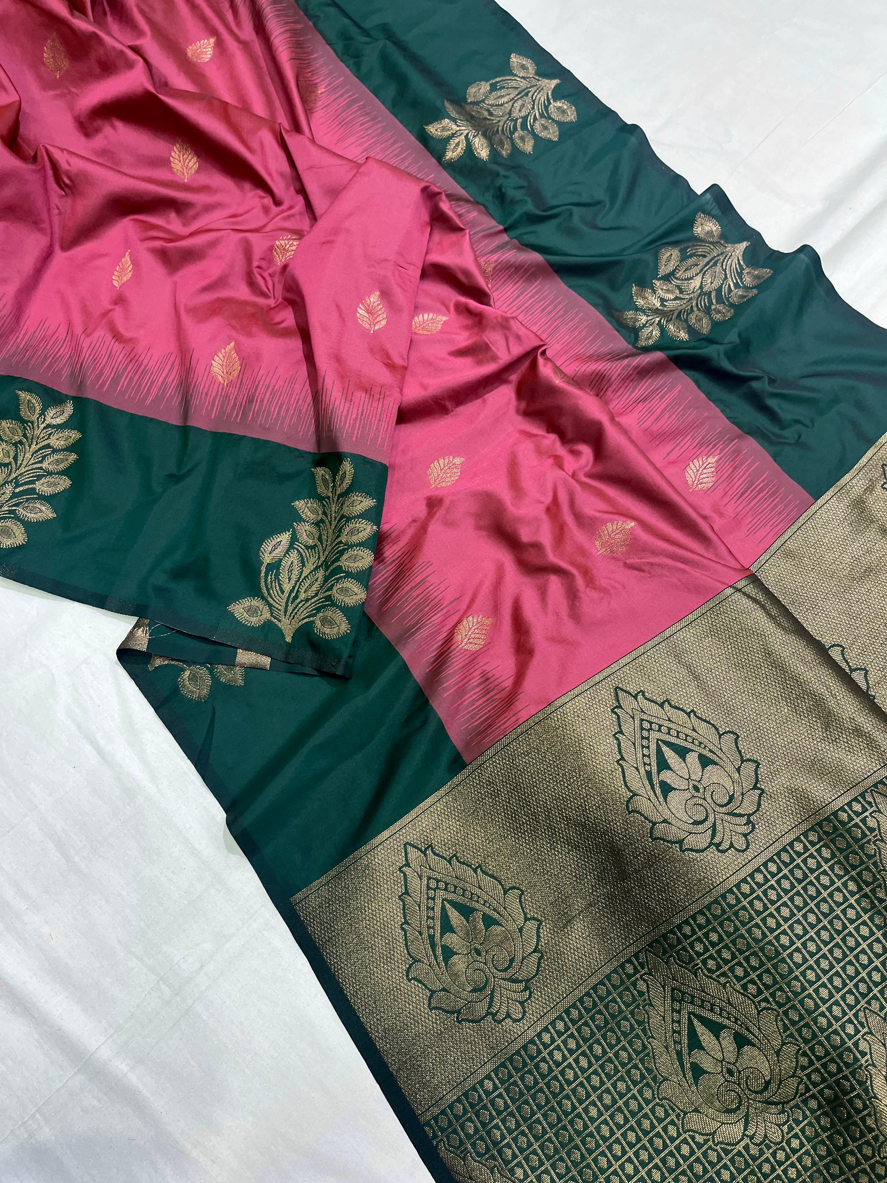 Reddish Pink Soft Silk Floral Border Contrast Zari Soft Silk Saree