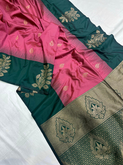 Reddish Pink Soft Silk Floral Border Contrast Zari Soft Silk Saree