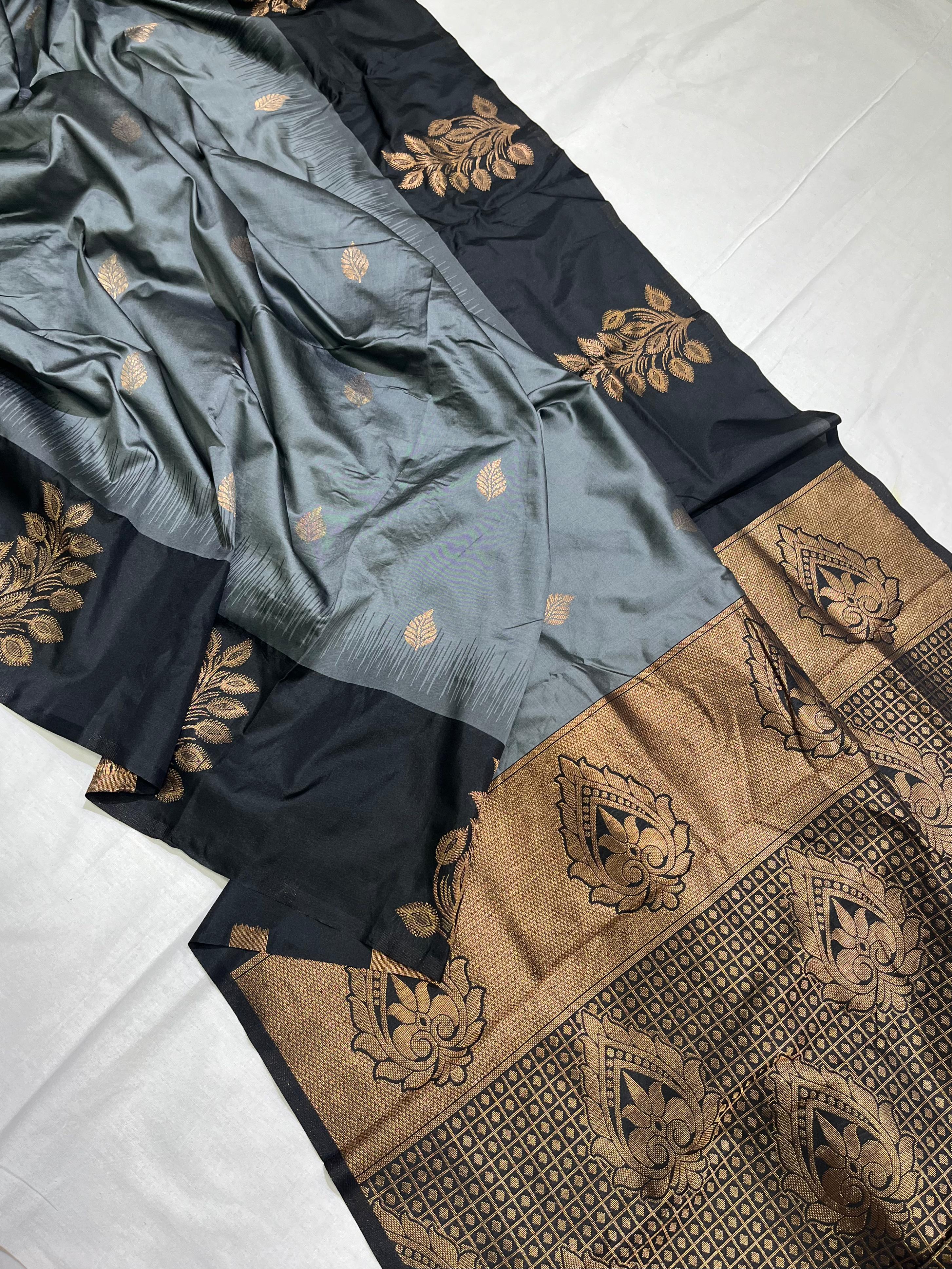Grey Soft Silk Floral Border Contrast Zari Soft Silk Saree