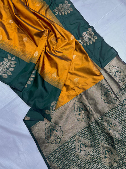 Gold Soft Silk Floral Border Contrast Zari Soft Silk Saree