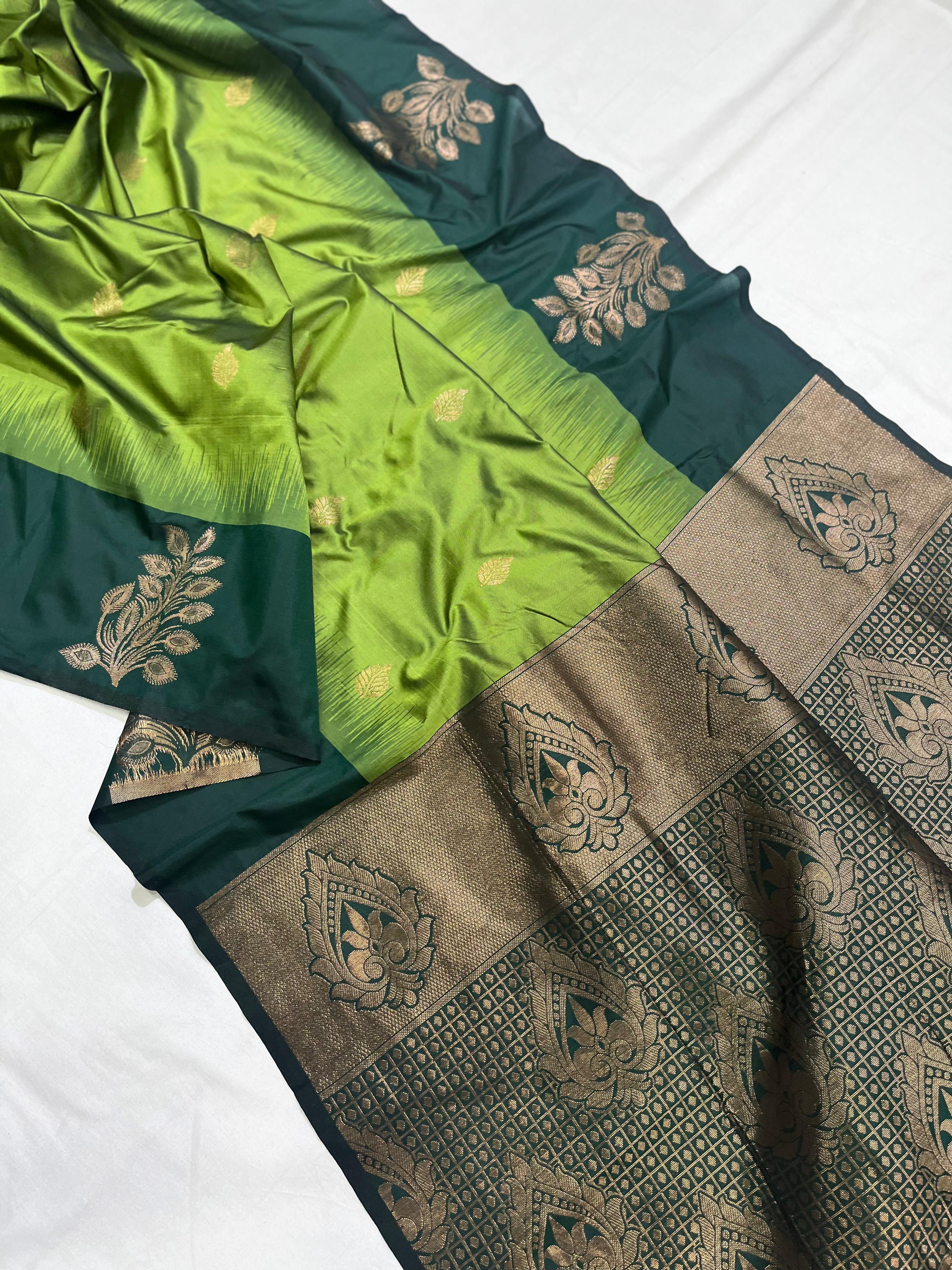 Green Soft Silk Floral Border Contrast Zari Soft Silk Saree