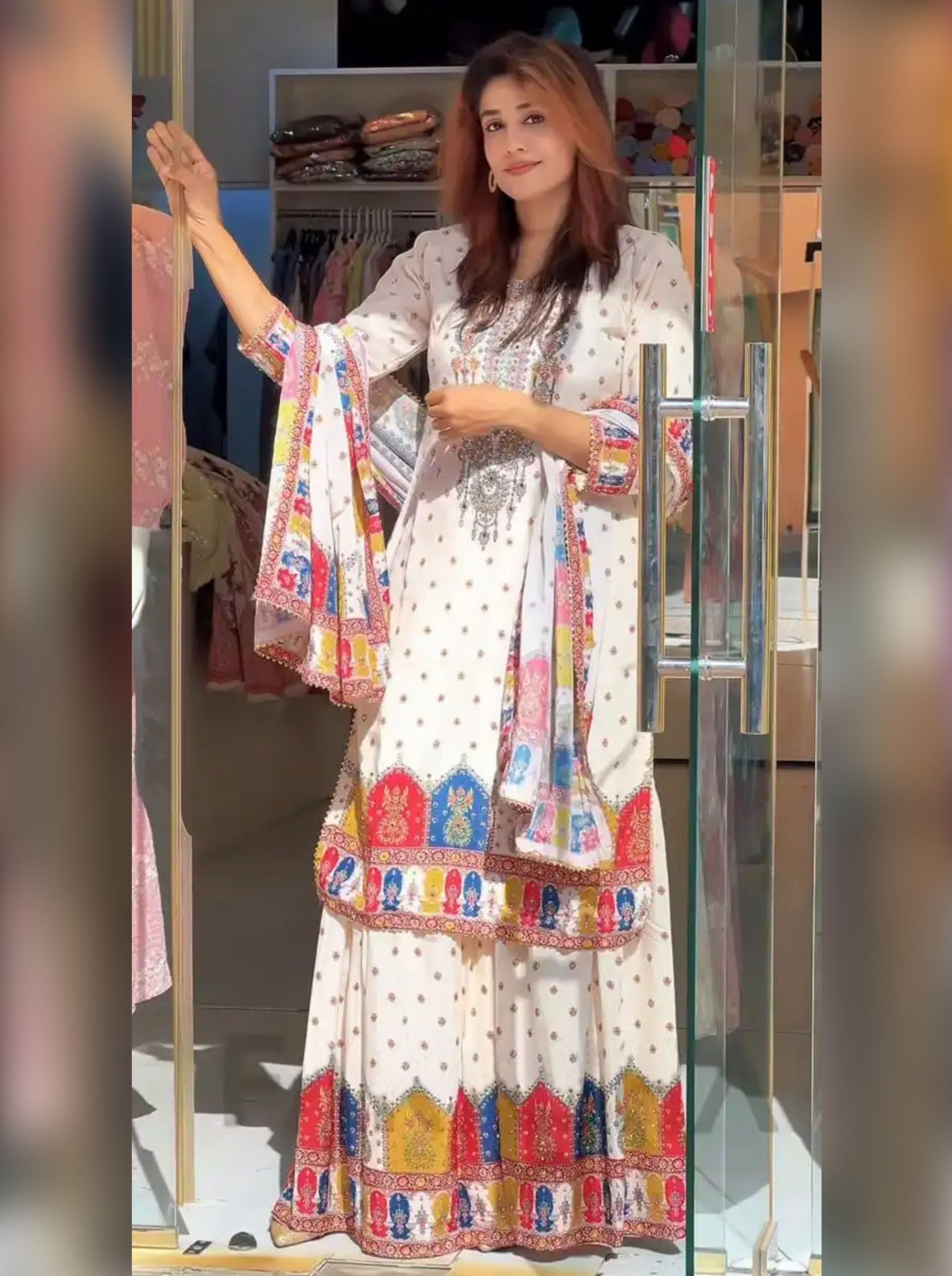 White Multicolour Pure Soft Muslin Printed Kurti Pent with Dupatta