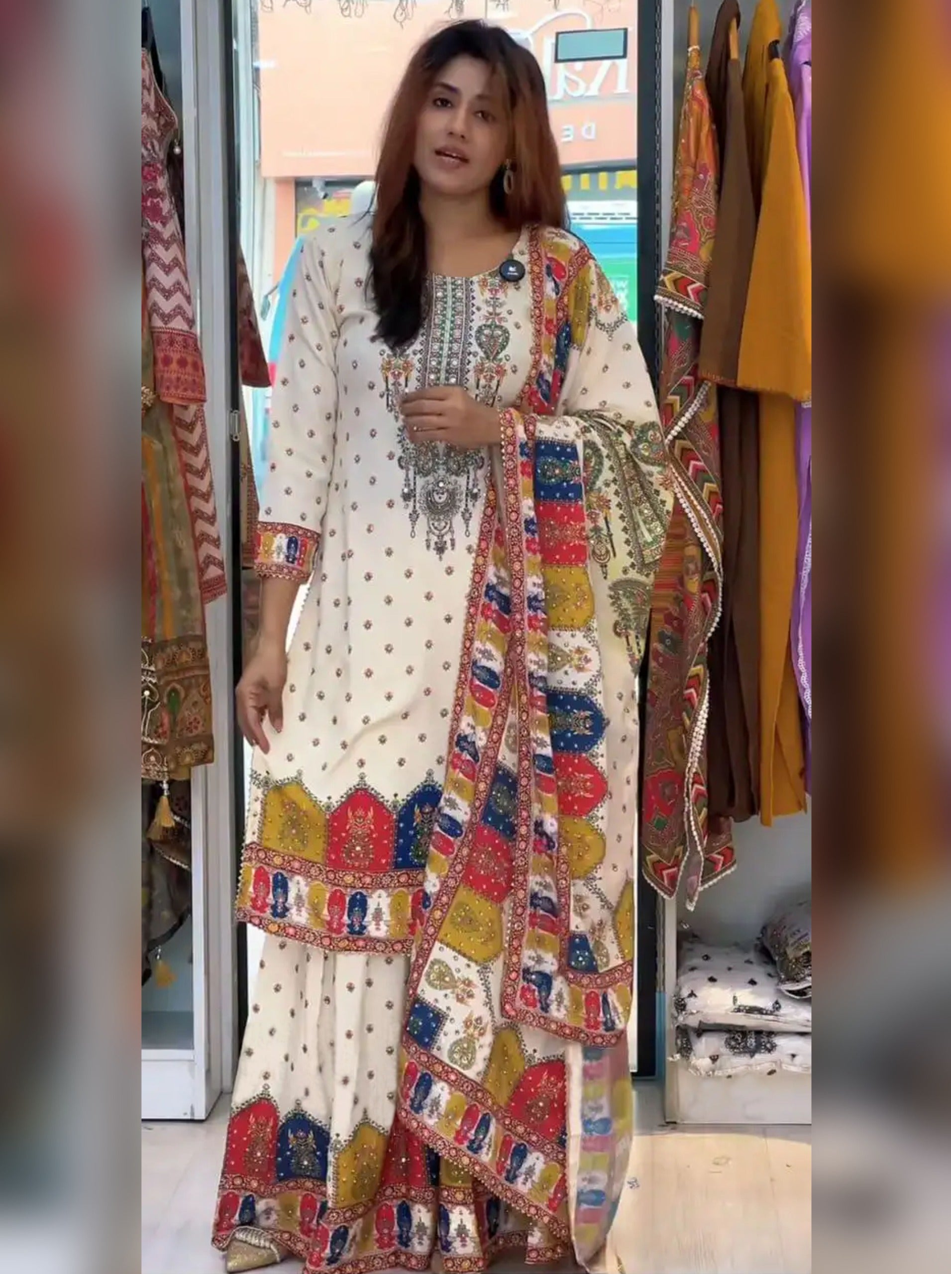 White Multicolour Pure Soft Muslin Printed Kurti Pent with Dupatta