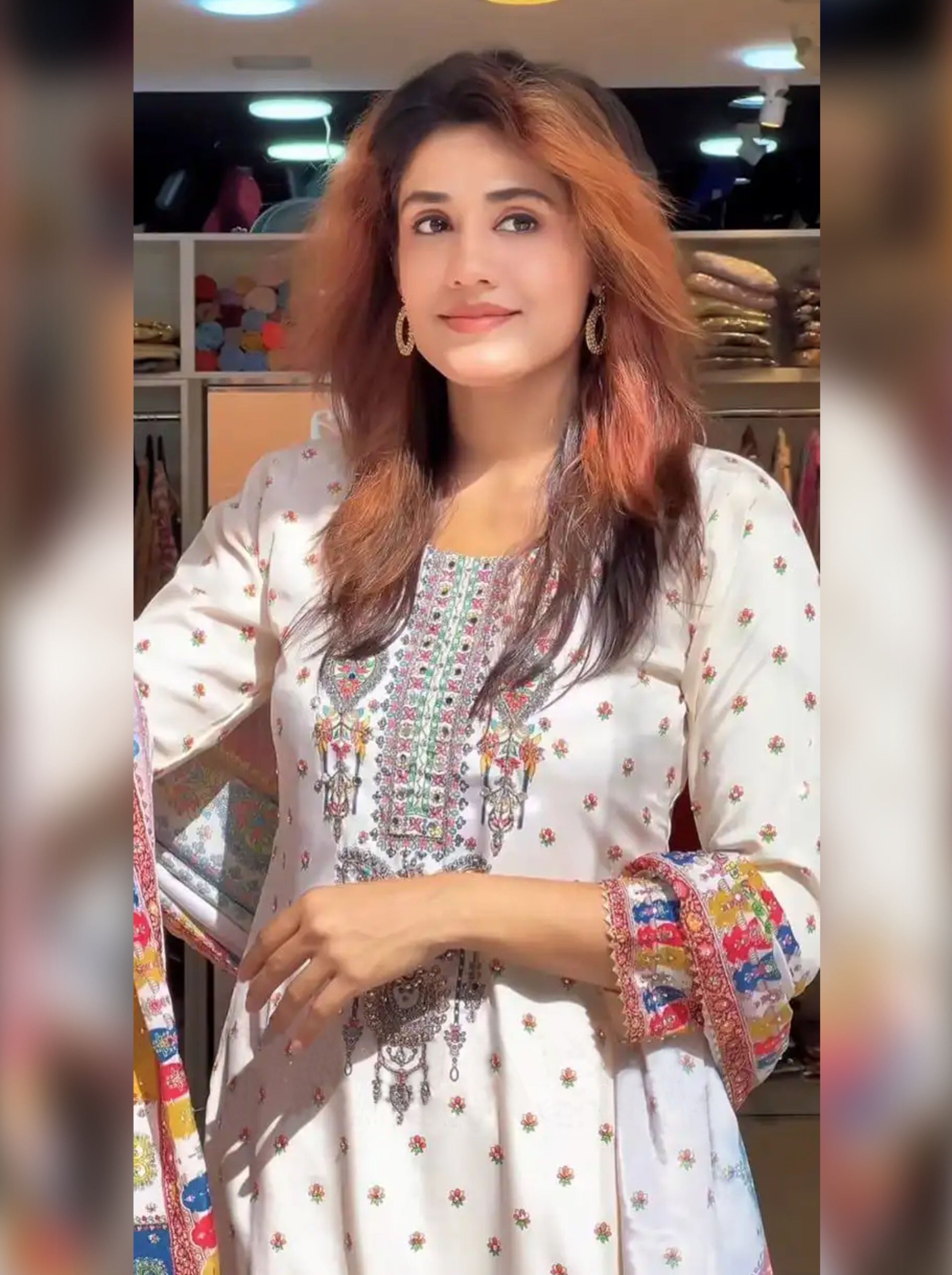 White Multicolour Pure Soft Muslin Printed Kurti Pent with Dupatta