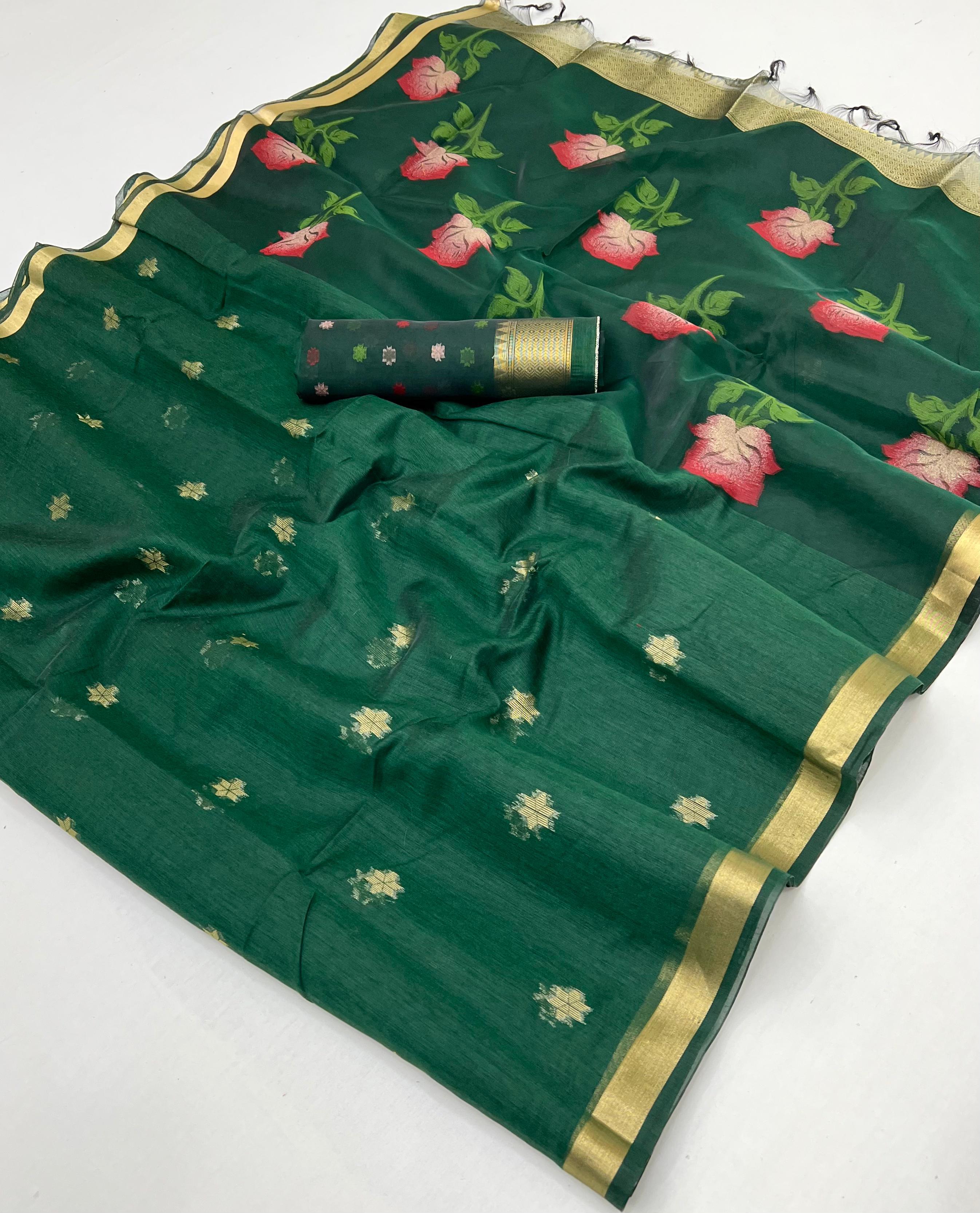 Green Pure Soft Moonga Cotton Handloom Saree 