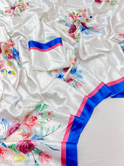 White Printed Japan Satin Floral Print Satin Saree 