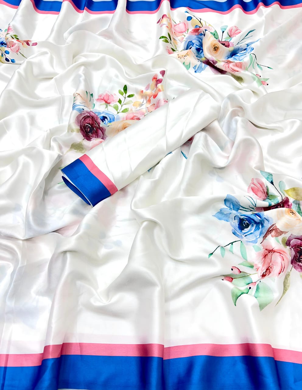 White Printed Japan Satin Floral Print Satin Saree 