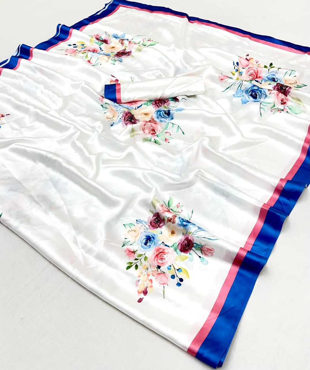 White Printed Japan Satin Floral Print Satin Saree 