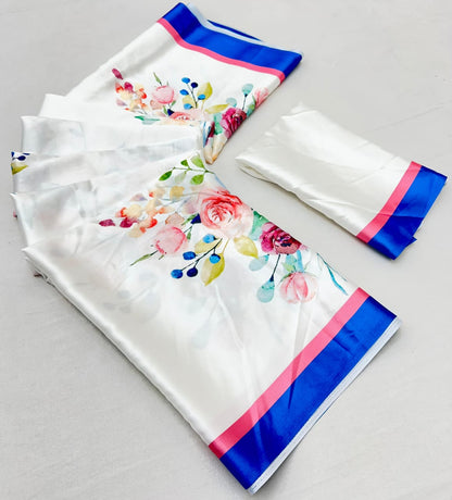 White Printed Japan Satin Floral Print Satin Saree 
