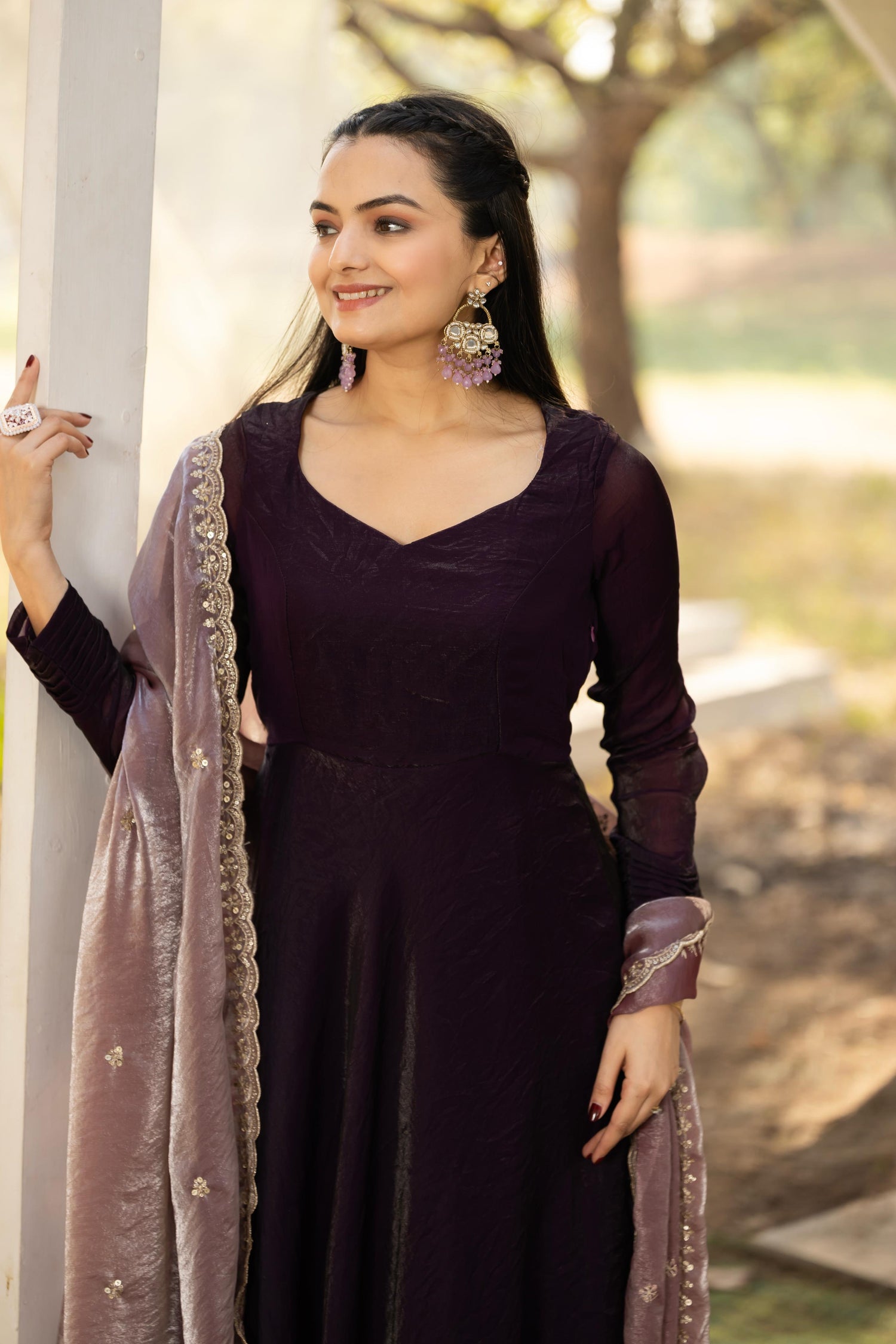 Wine Pure Space Silk Anarkali Long Gown 