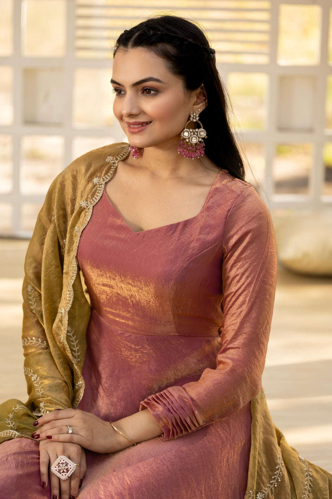 Rose Gold Pure Space Silk Anarkali Long Gown 