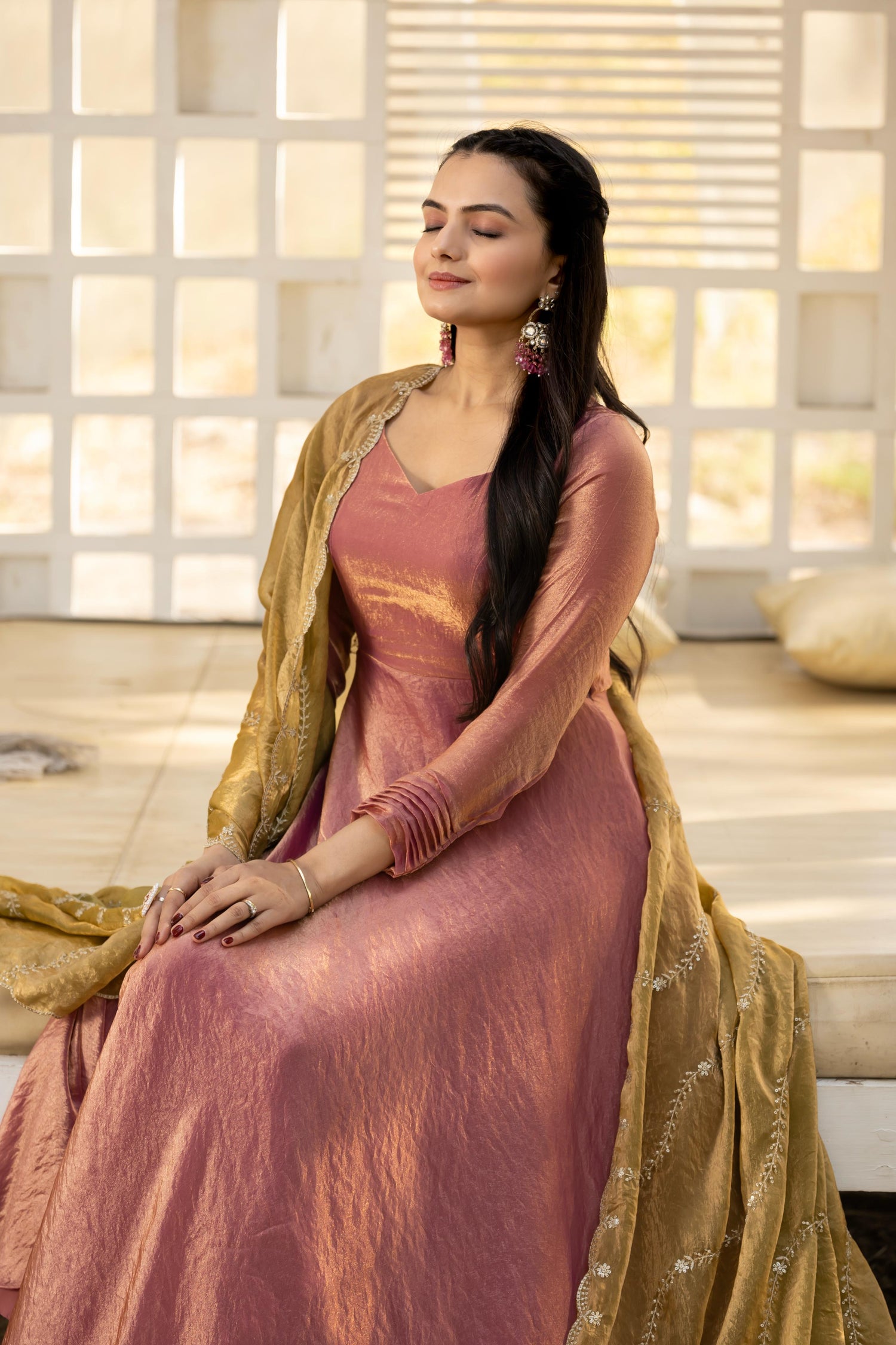 Rose Gold Pure Space Silk Anarkali Long Gown S-36