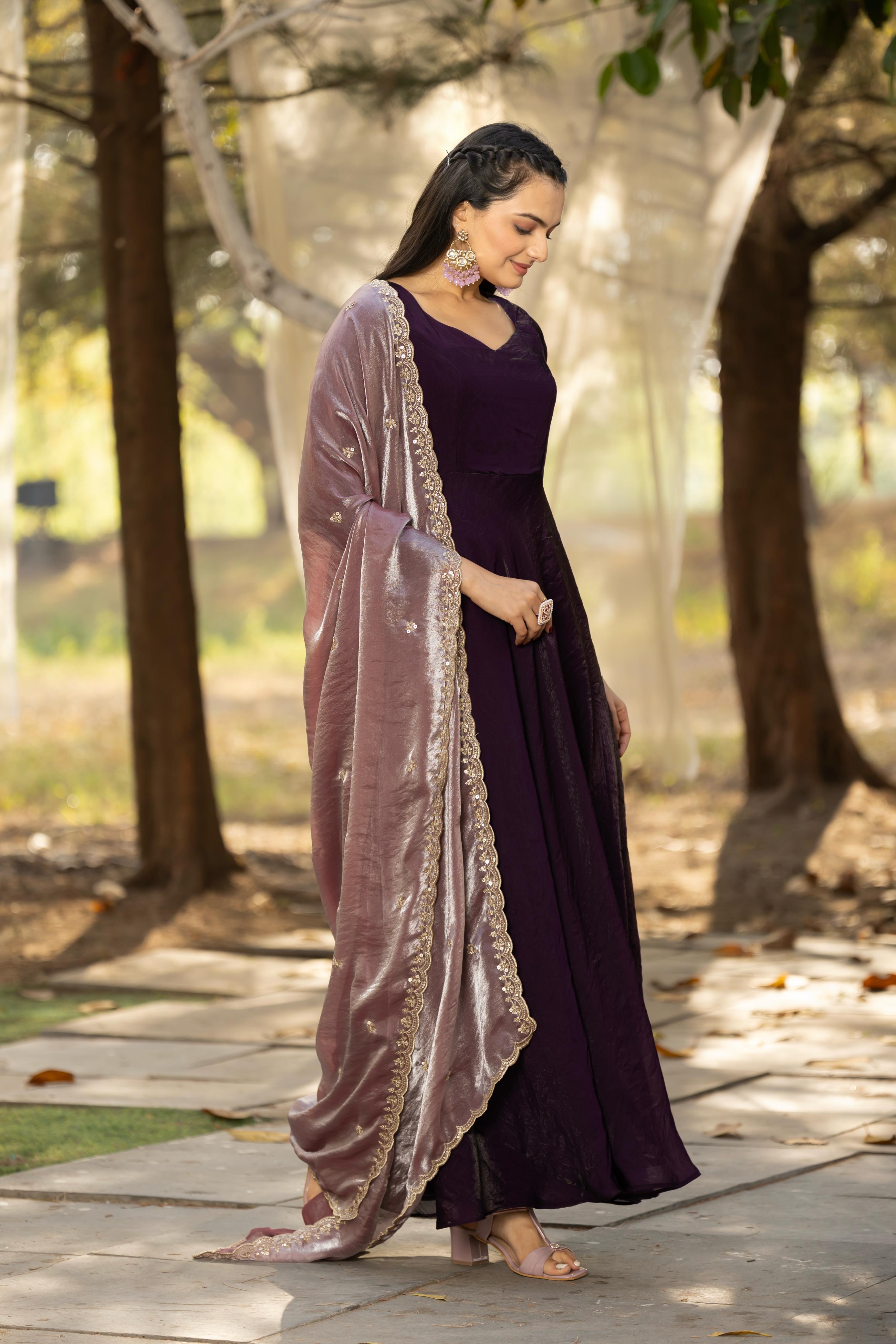 Wine Pure Space Silk Anarkali Long Gown 