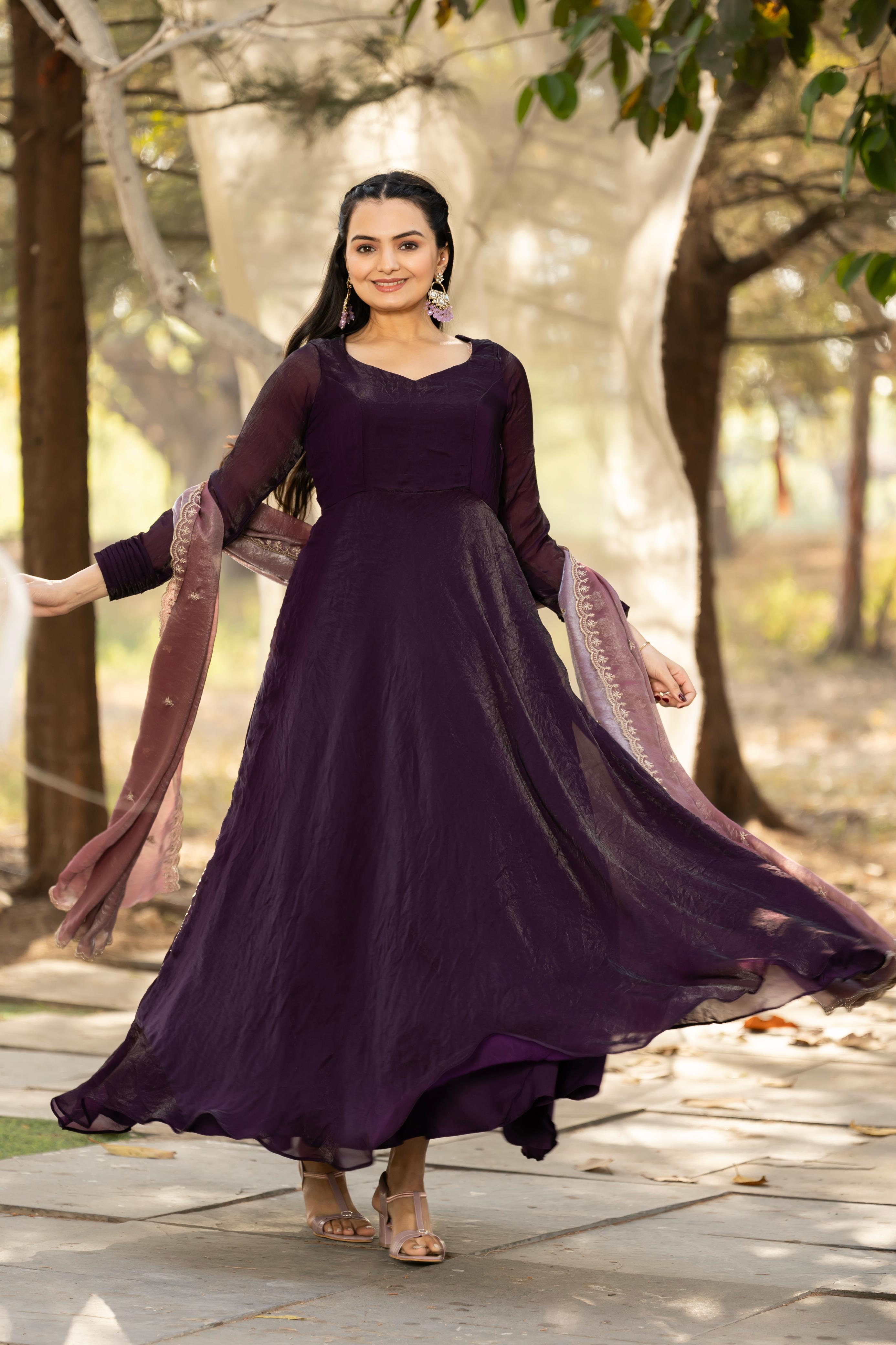 Wine Pure Space Silk Anarkali Long Gown ##color## Anarkali Gown with premium fabric and embroidery