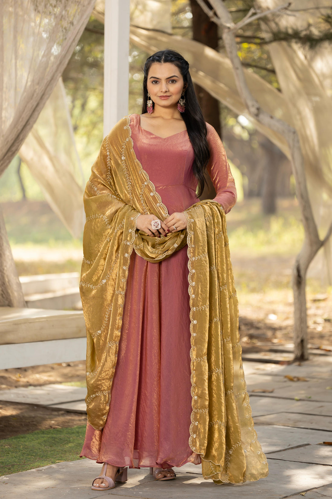 Rose Gold Pure Space Silk Anarkali Long Gown 