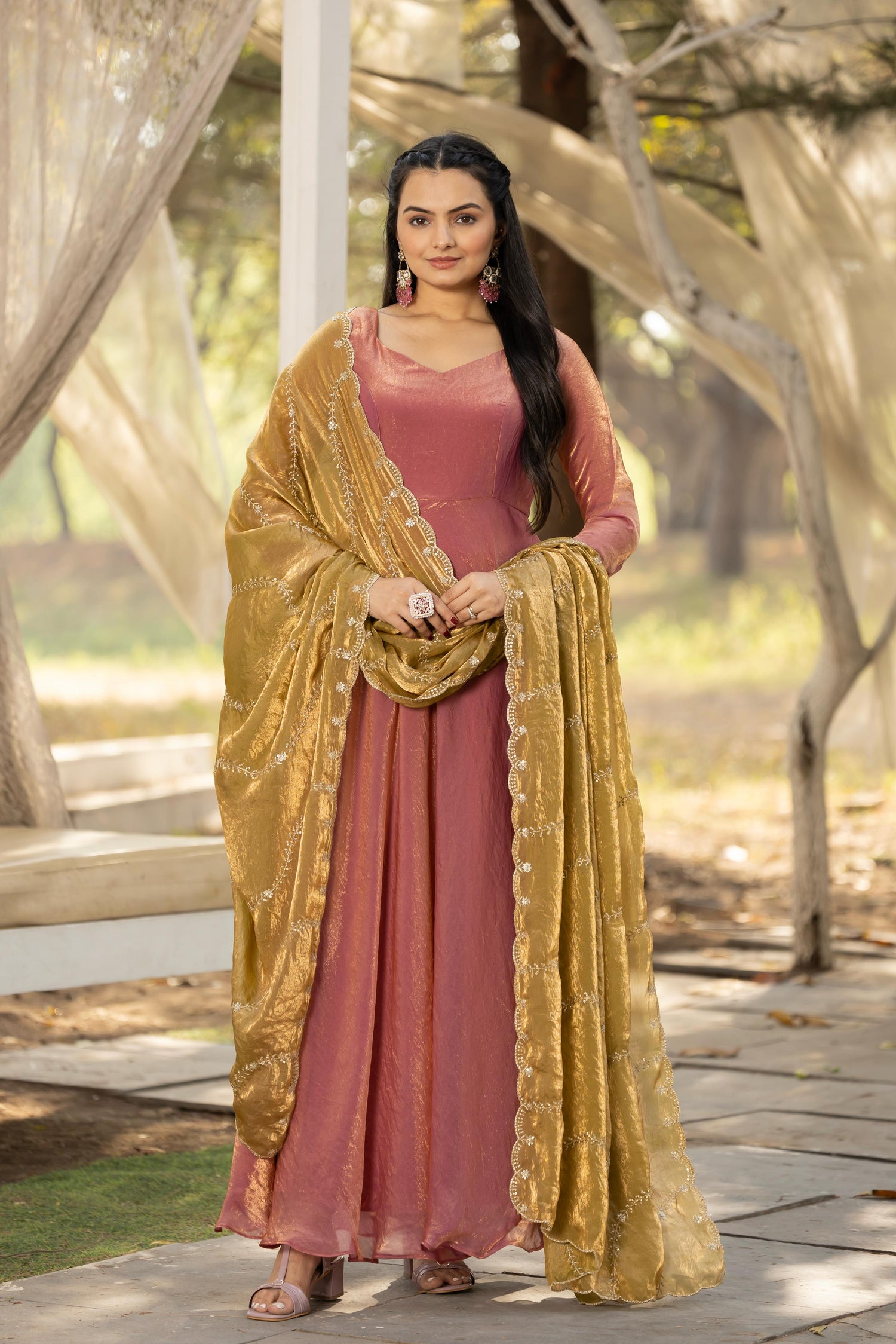 Rose Gold Pure Space Silk Anarkali Long Gown 