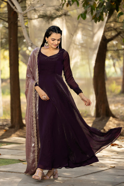 Wine Pure Space Silk Anarkali Long Gown 