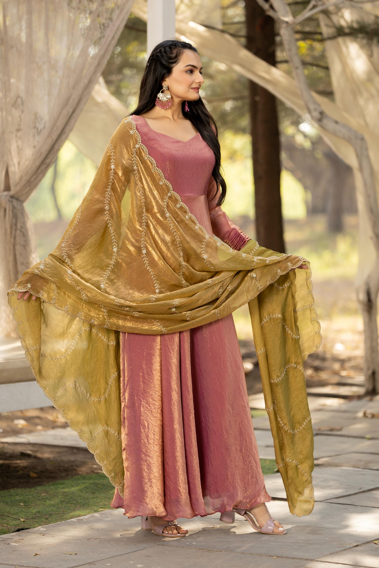 Rose Gold Pure Space Silk Anarkali Long Gown 