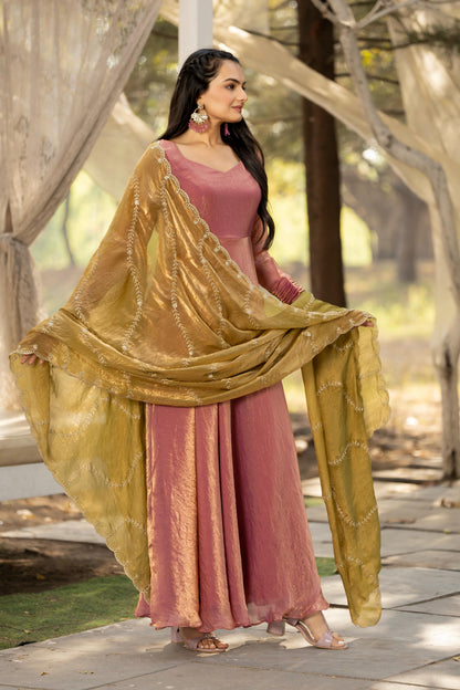 Rose Gold Pure Space Silk Anarkali Long Gown 