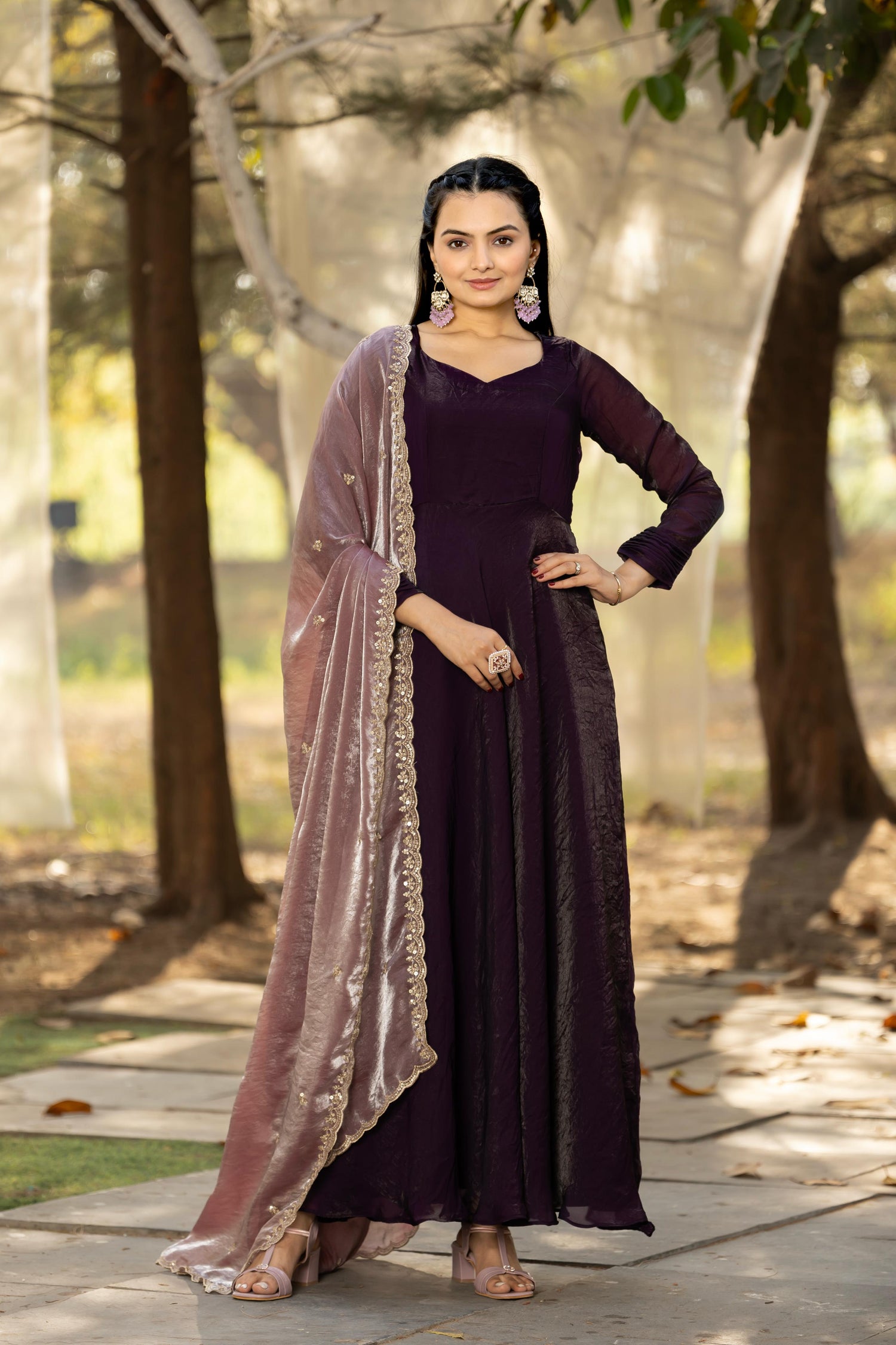 Wine Pure Space Silk Anarkali Long Gown 