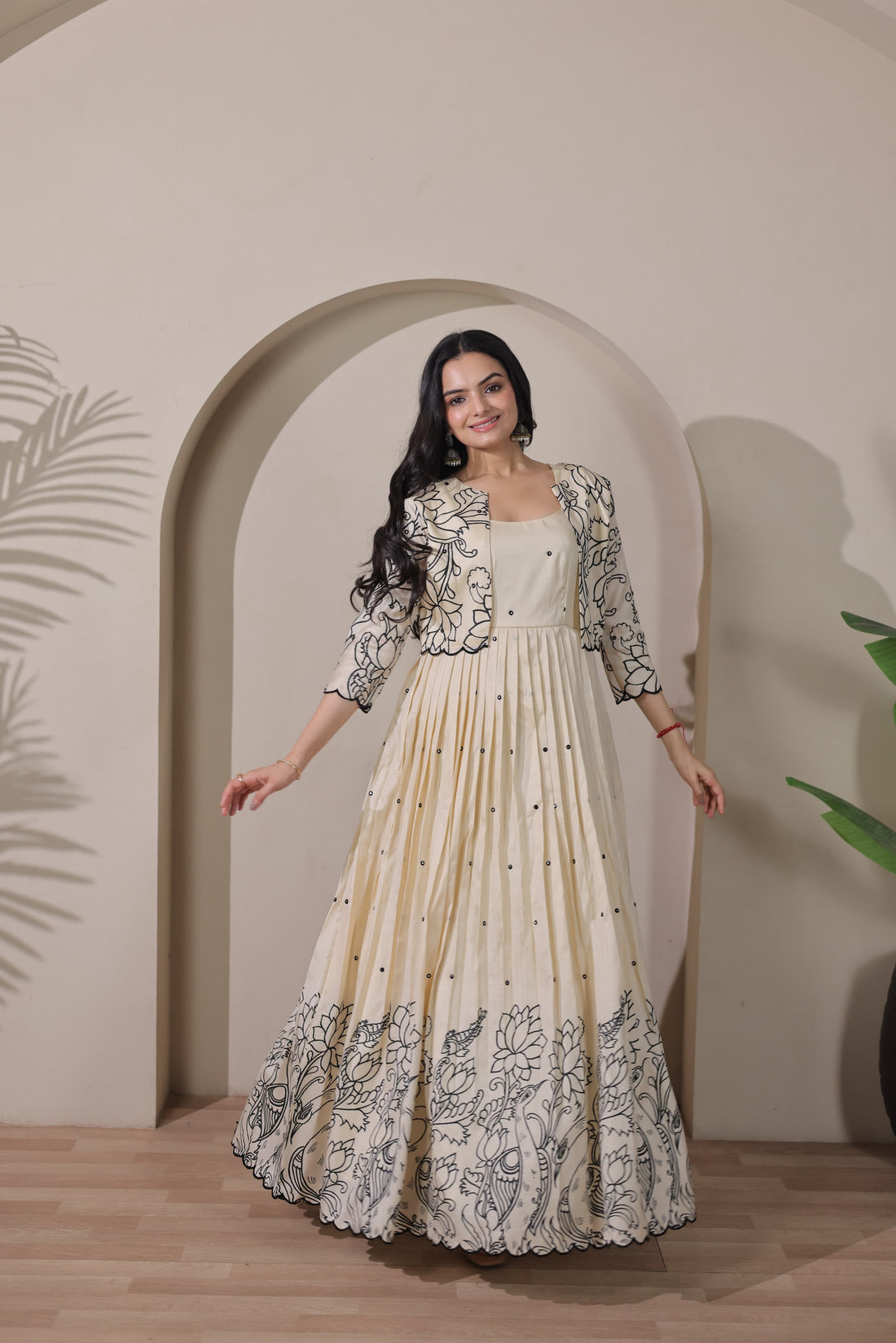 Cream Pure Tussar Silk Kalamkari Print Long Gown 