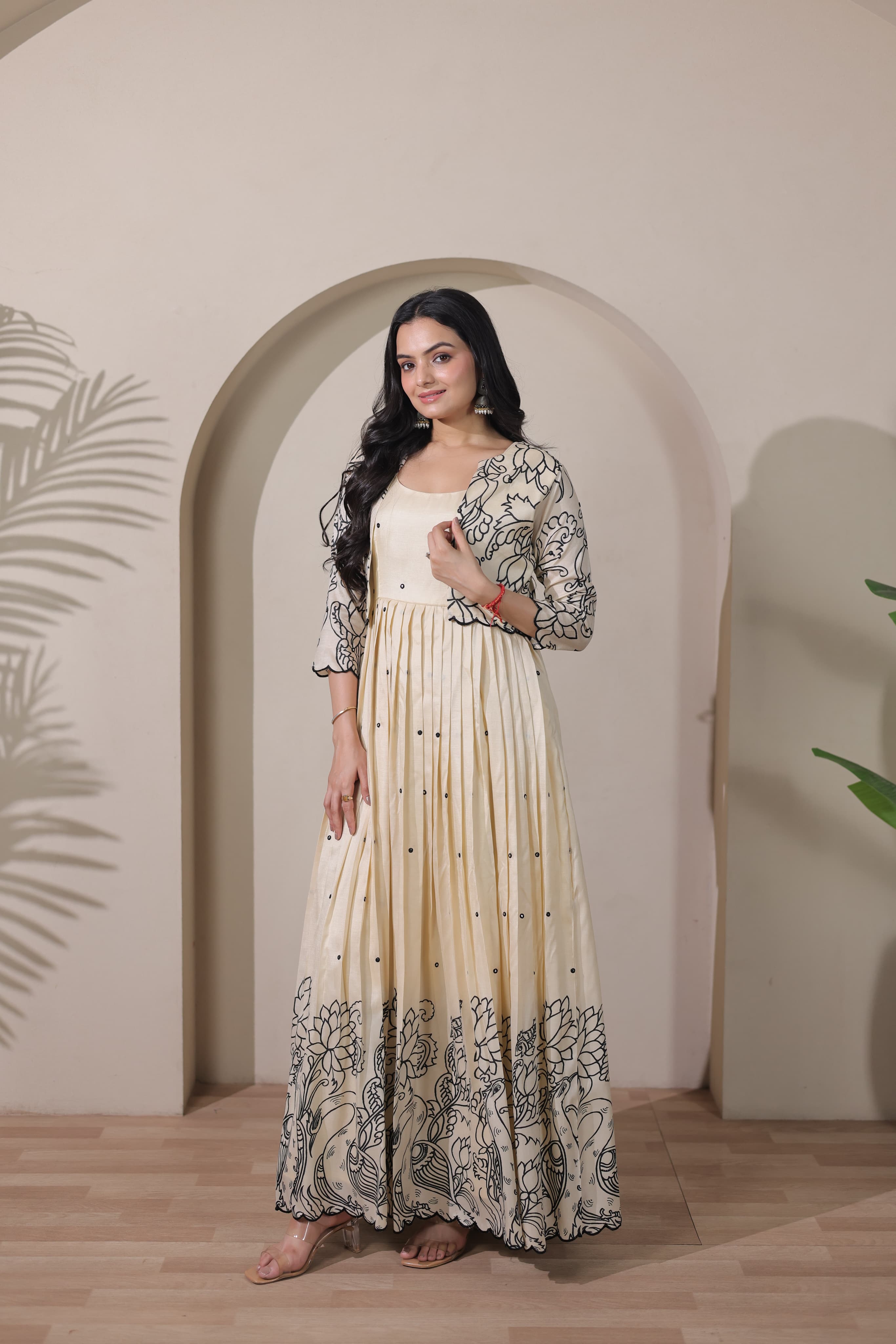 Cream Pure Tussar Silk Kalamkari Print Long Gown ##color## Anarkali Gown with premium fabric and embroidery