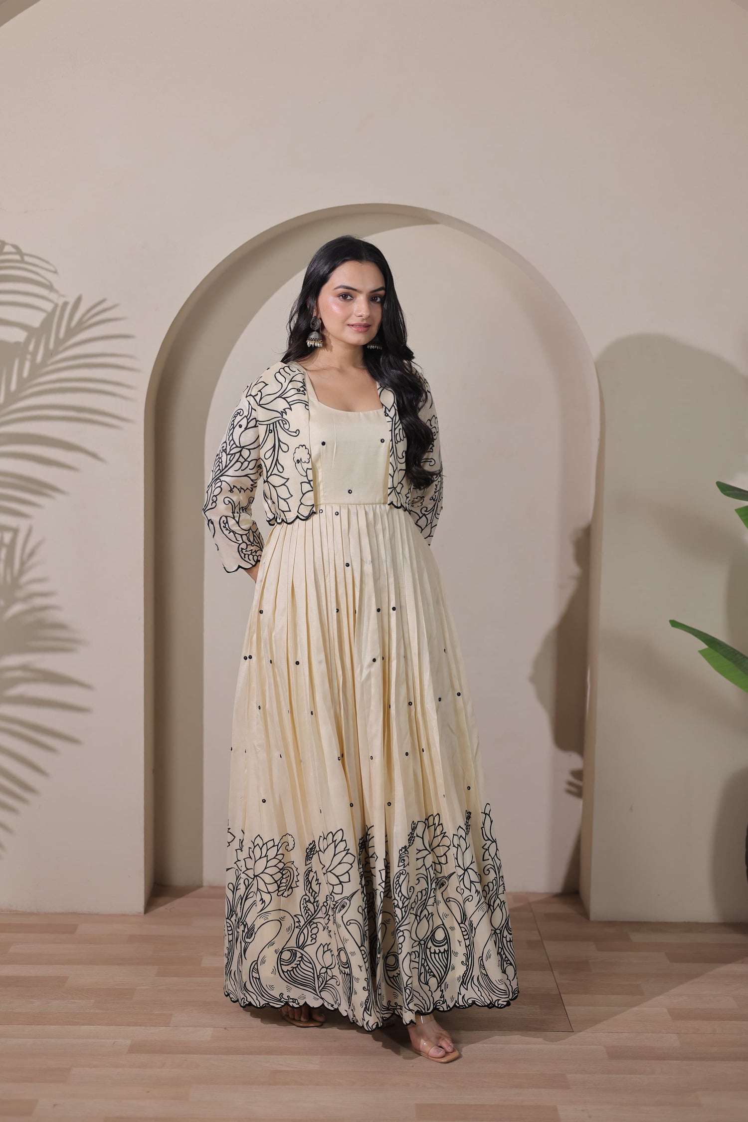 Cream Pure Tussar Silk Kalamkari Print Long Gown 