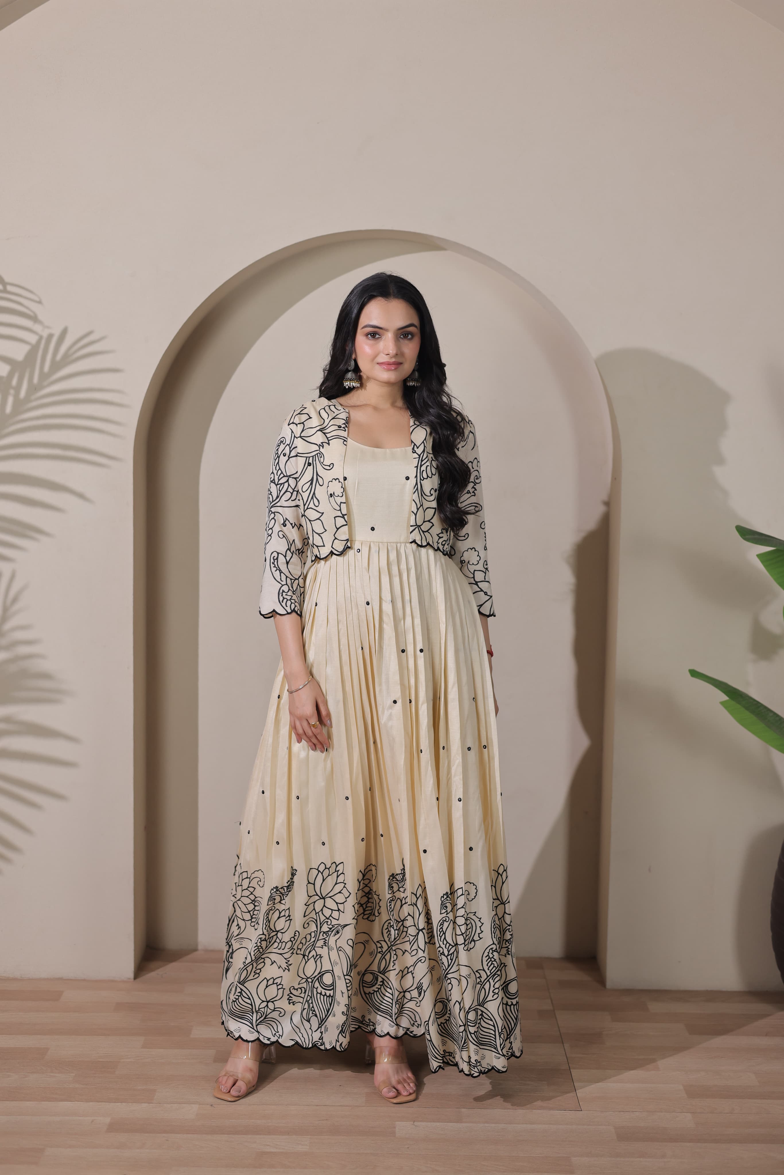 Cream Pure Tussar Silk Kalamkari Print Long Gown ##color## Anarkali Gown with premium fabric and embroidery