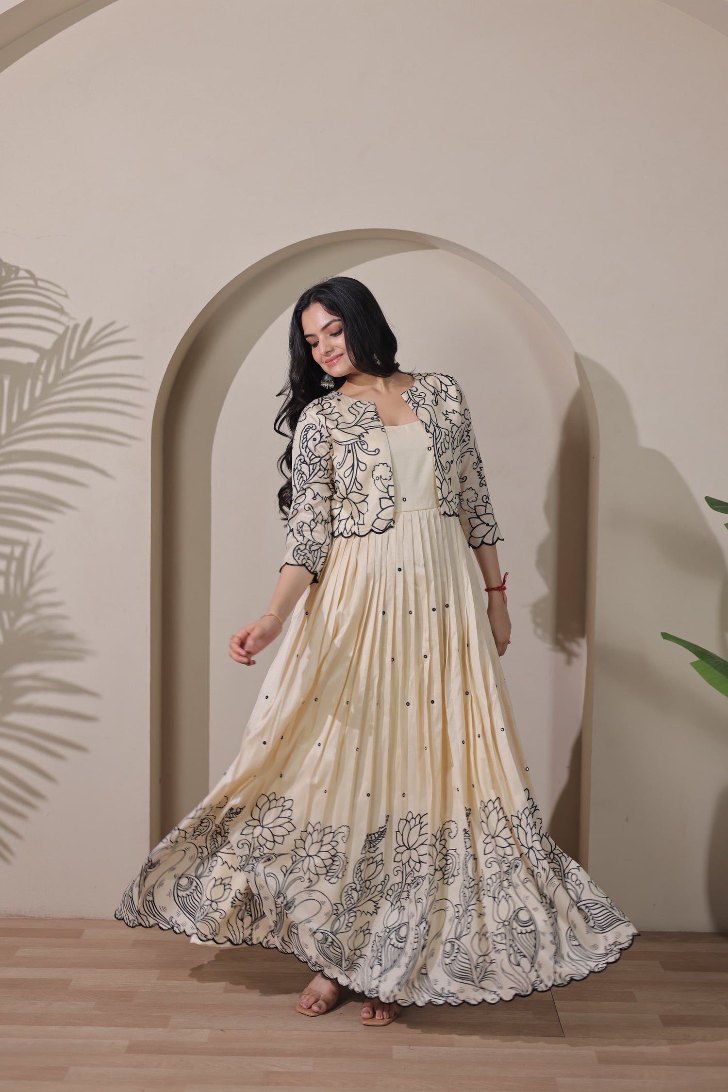 Cream Pure Tussar Silk Kalamkari Print Long Gown 
