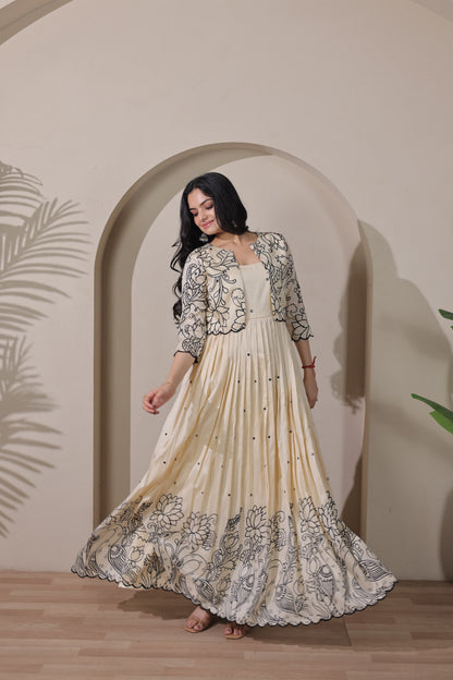 Cream Pure Tussar Silk Kalamkari Print Long Gown 