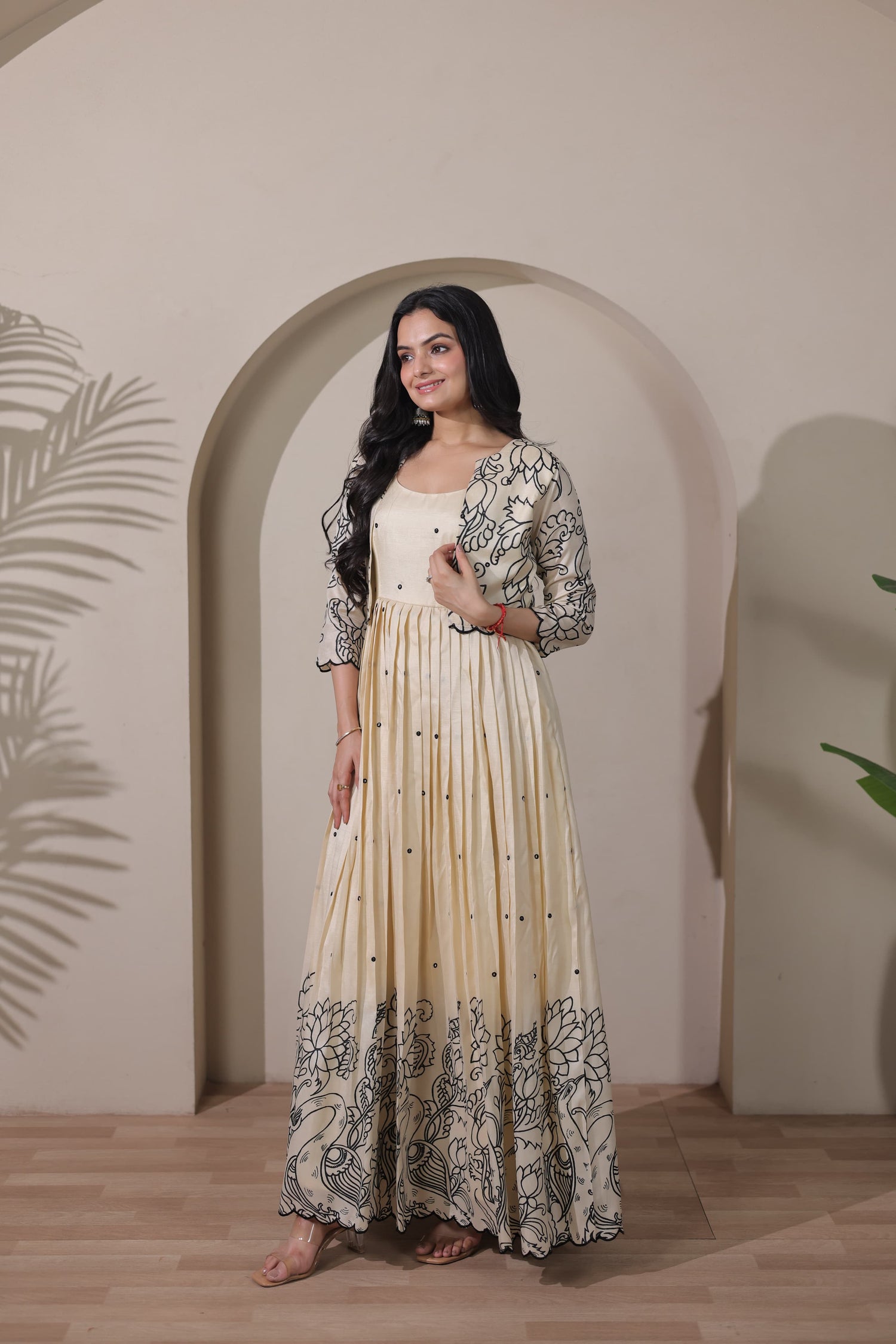 Cream Pure Tussar Silk Kalamkari Print Long Gown 