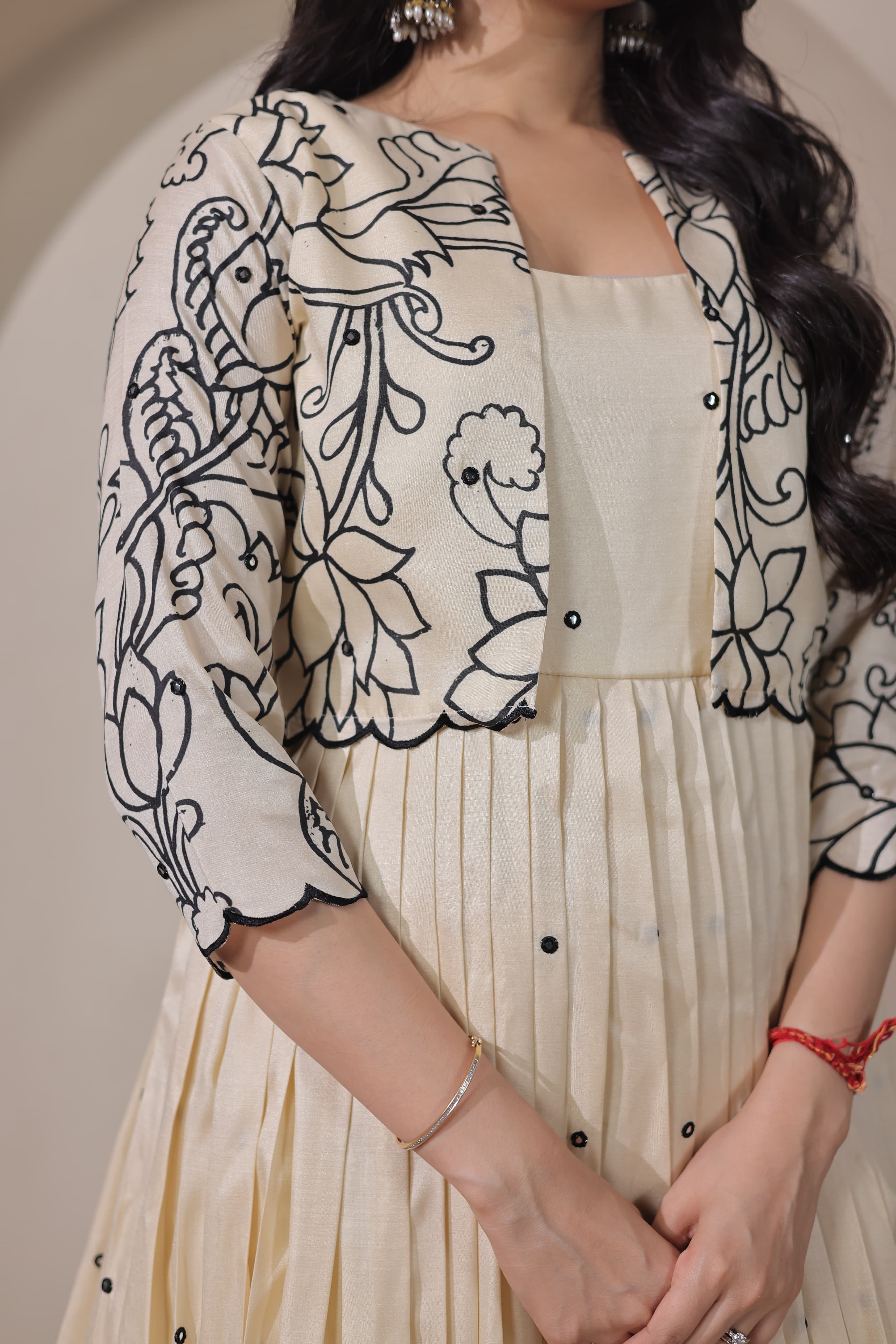 Cream Pure Tussar Silk Kalamkari Print Long Gown 