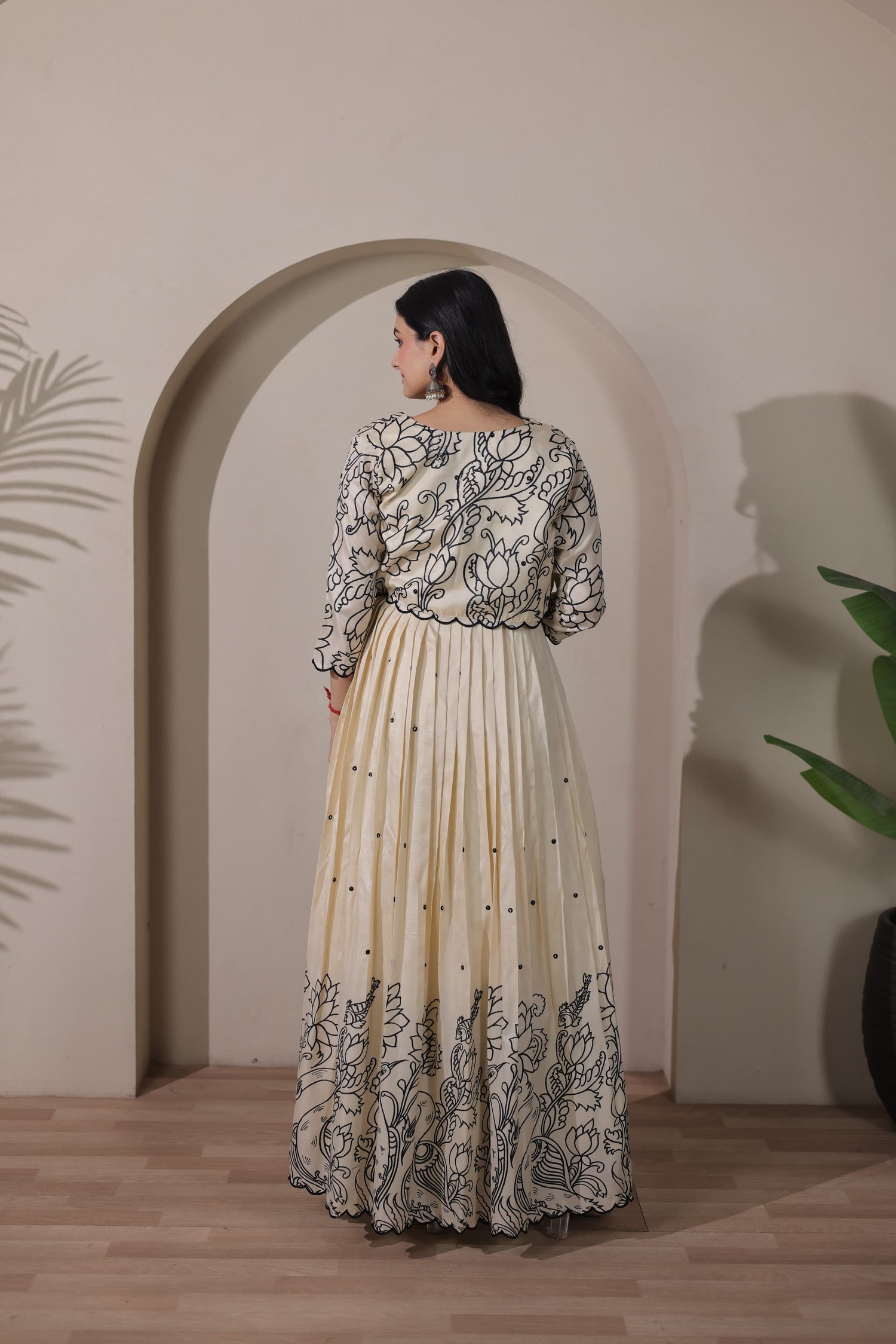 Cream Pure Tussar Silk Kalamkari Print Long Gown 