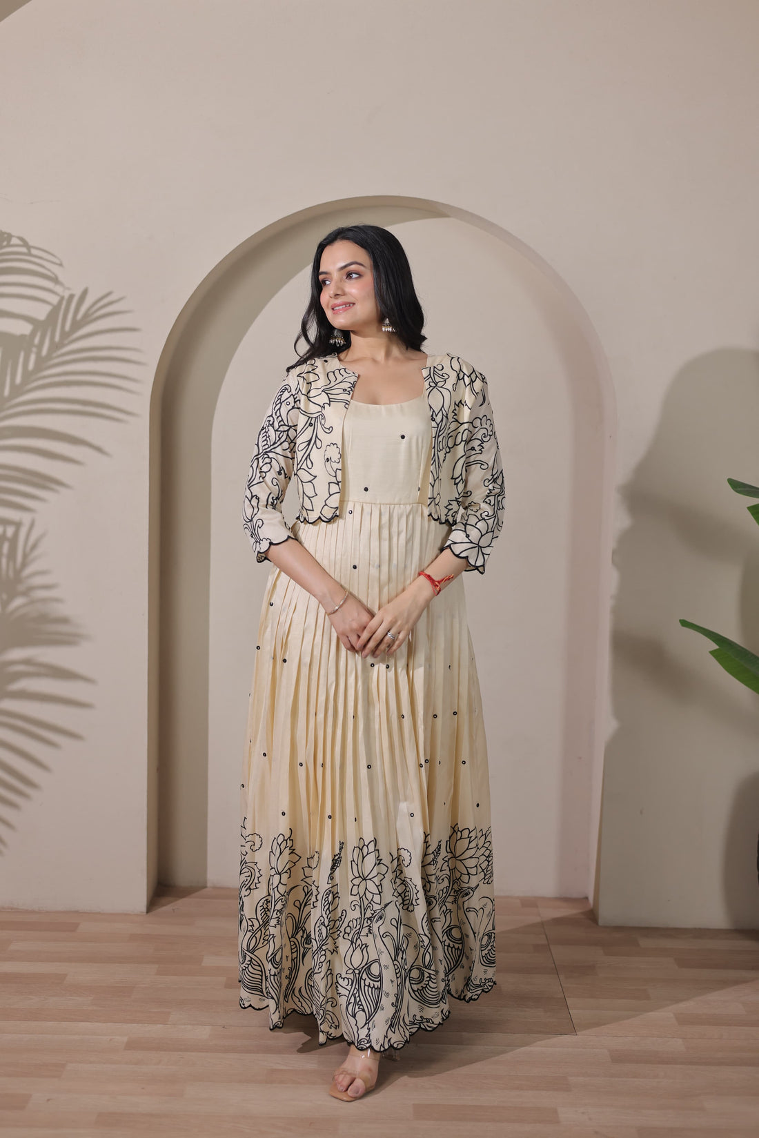 Cream Pure Tussar Silk Kalamkari Print Long Gown 
