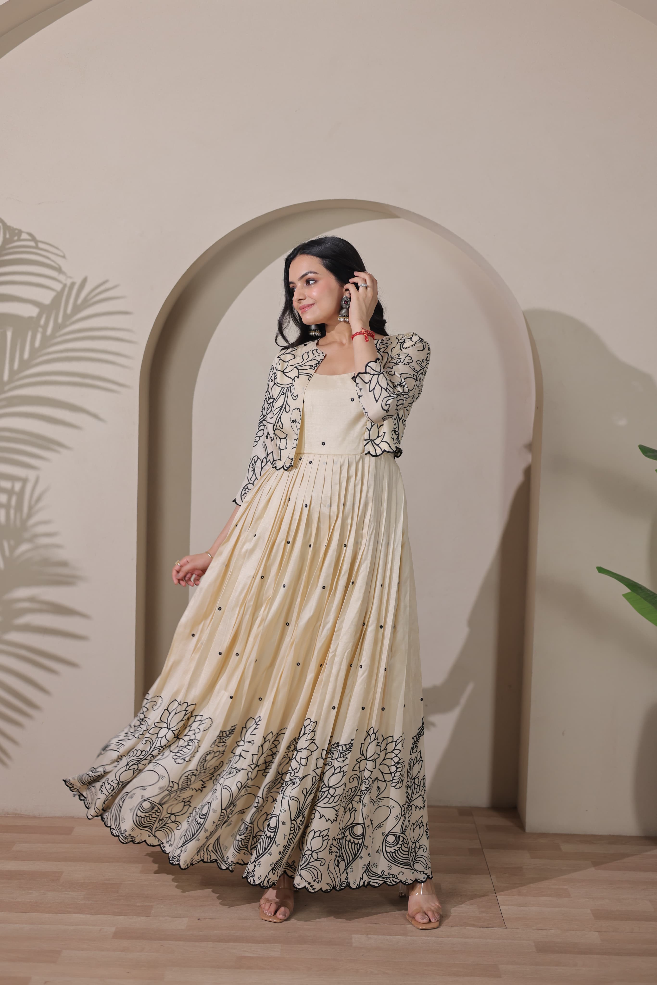 Cream Pure Tussar Silk Kalamkari Print Long Gown 