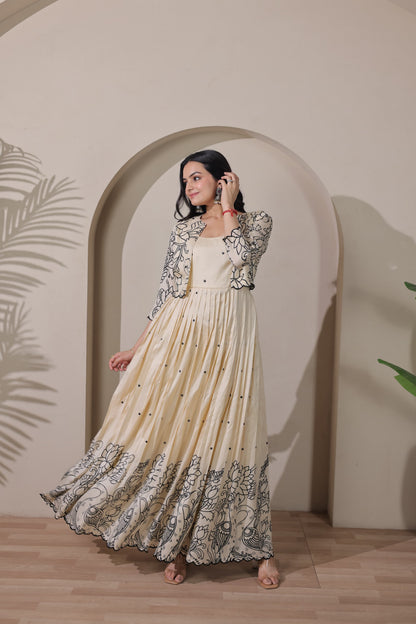 Cream Pure Tussar Silk Kalamkari Print Long Gown 