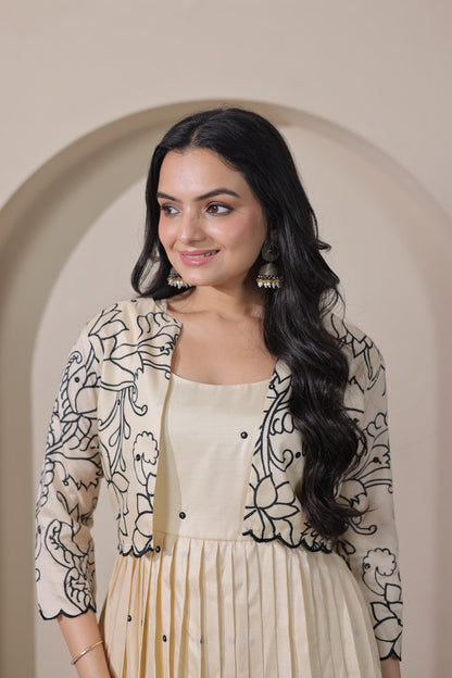 Cream Pure Tussar Silk Kalamkari Print Long Gown 