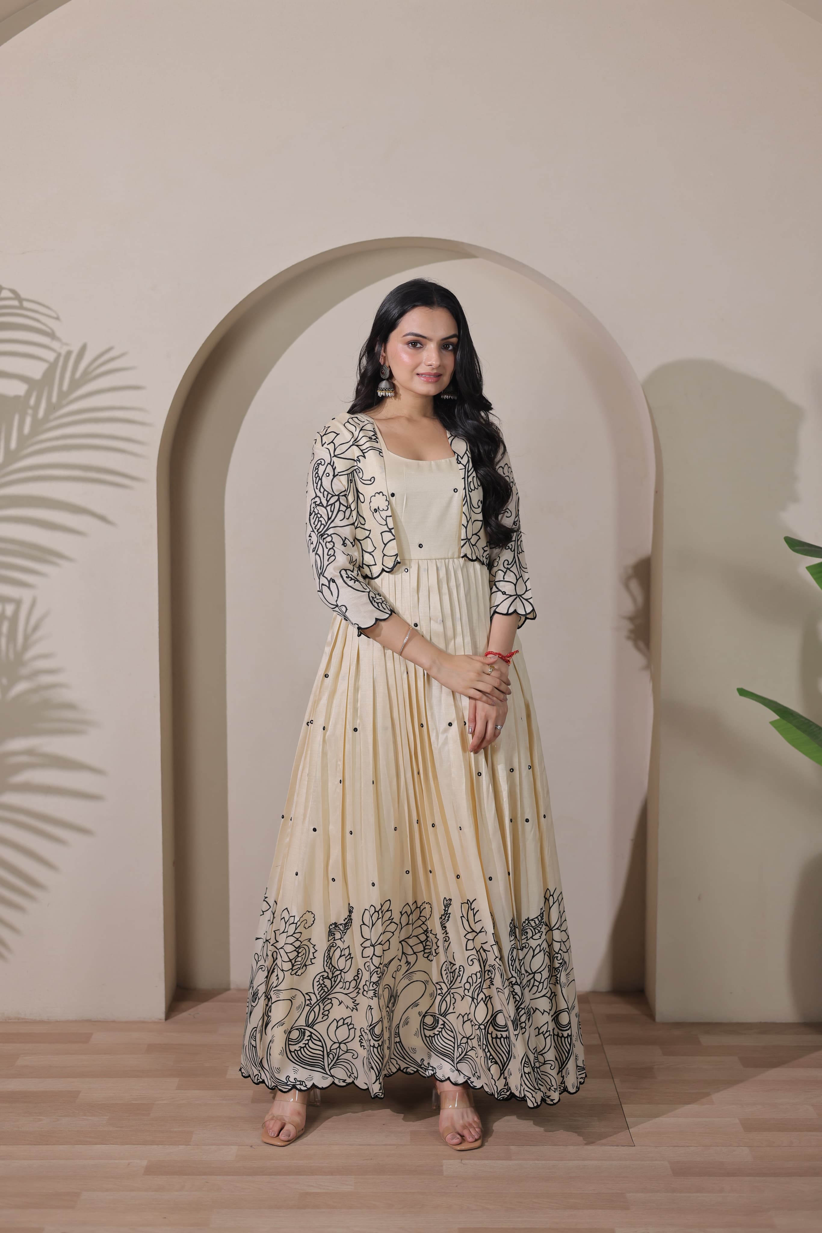 Cream Pure Tussar Silk Kalamkari Print Long Gown ##color## Anarkali Gown with premium fabric and embroidery