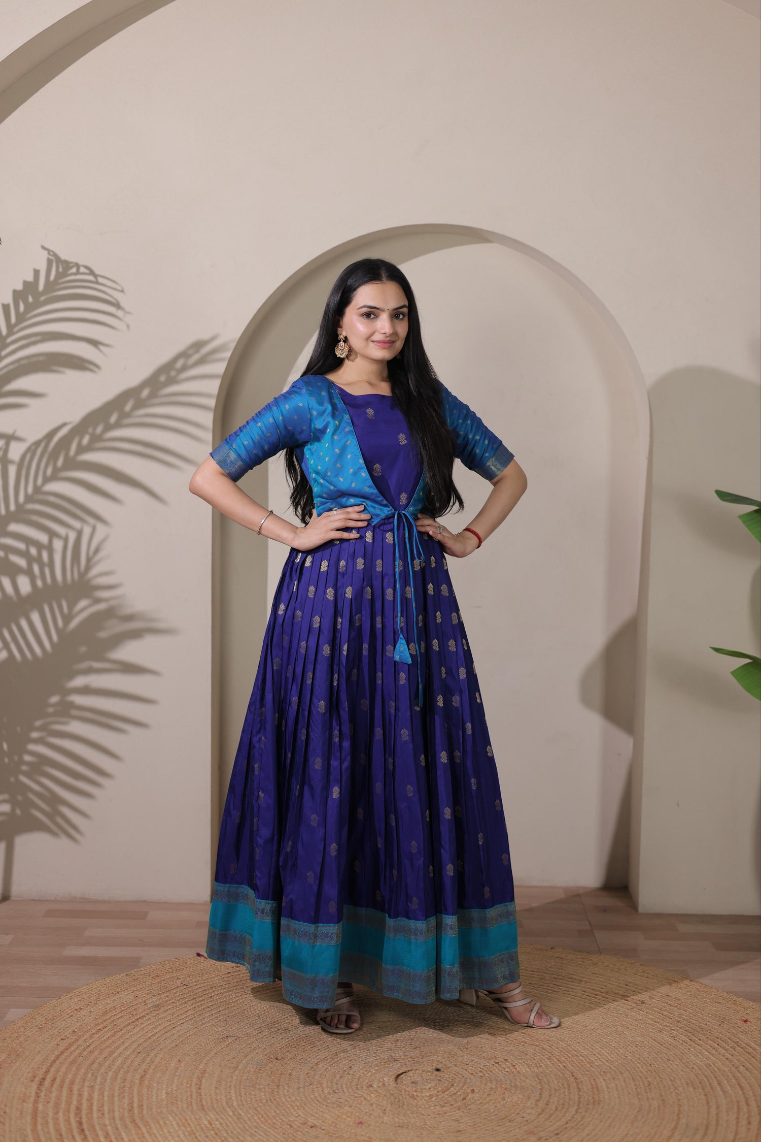 Blue Pure Silk Blend with Jacket Long Gown 