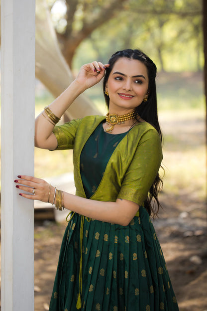 Green Pure Silk Blend with Jacket Long Gown 