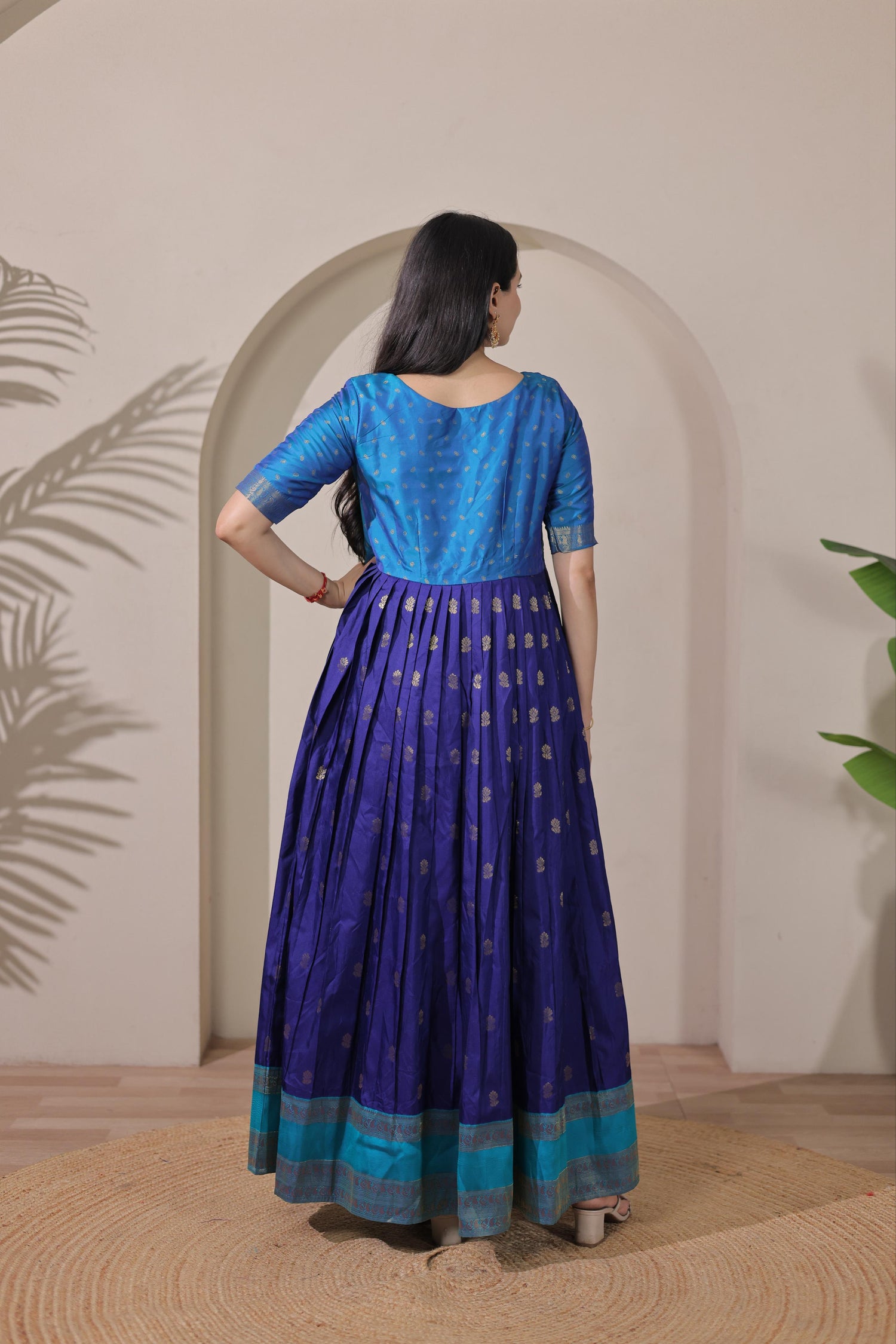 Blue Pure Silk Blend with Jacket Long Gown 