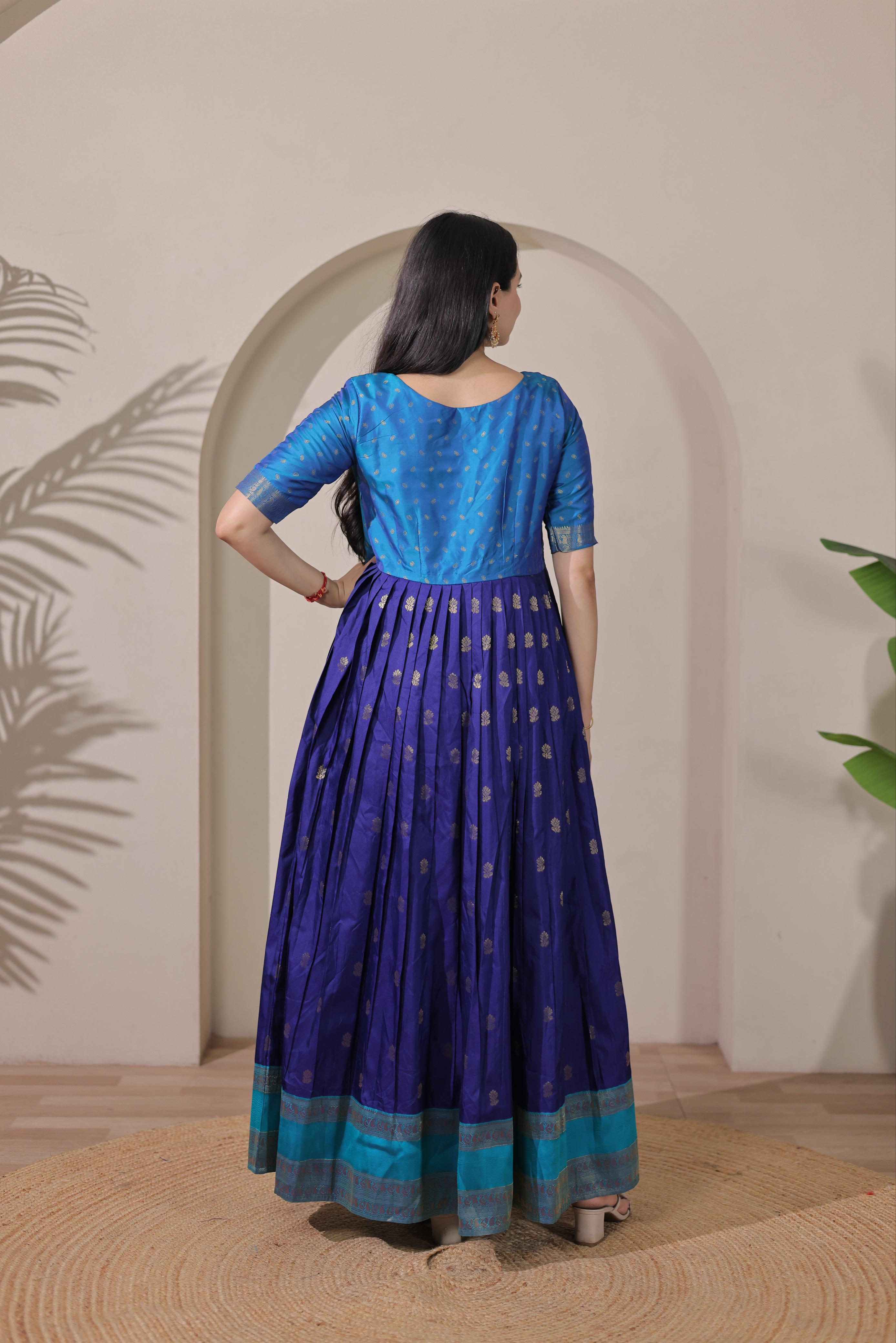 Blue Pure Silk Blend with Jacket Long Gown 