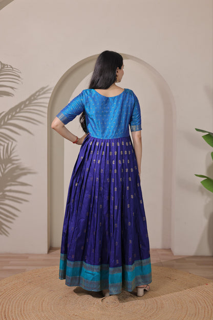 Blue Pure Silk Blend with Jacket Long Gown 