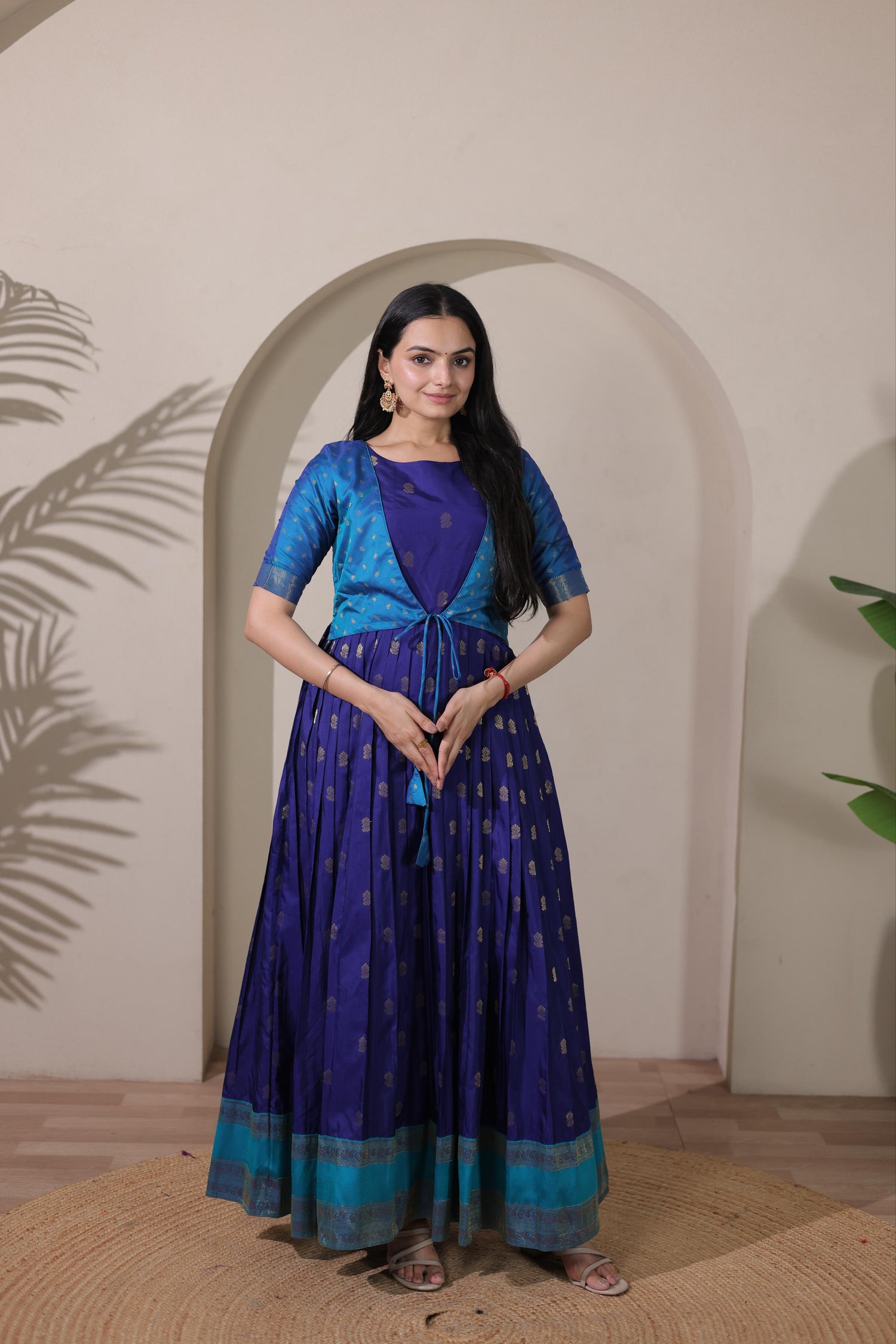 Blue Pure Silk Blend with Jacket Long Gown 