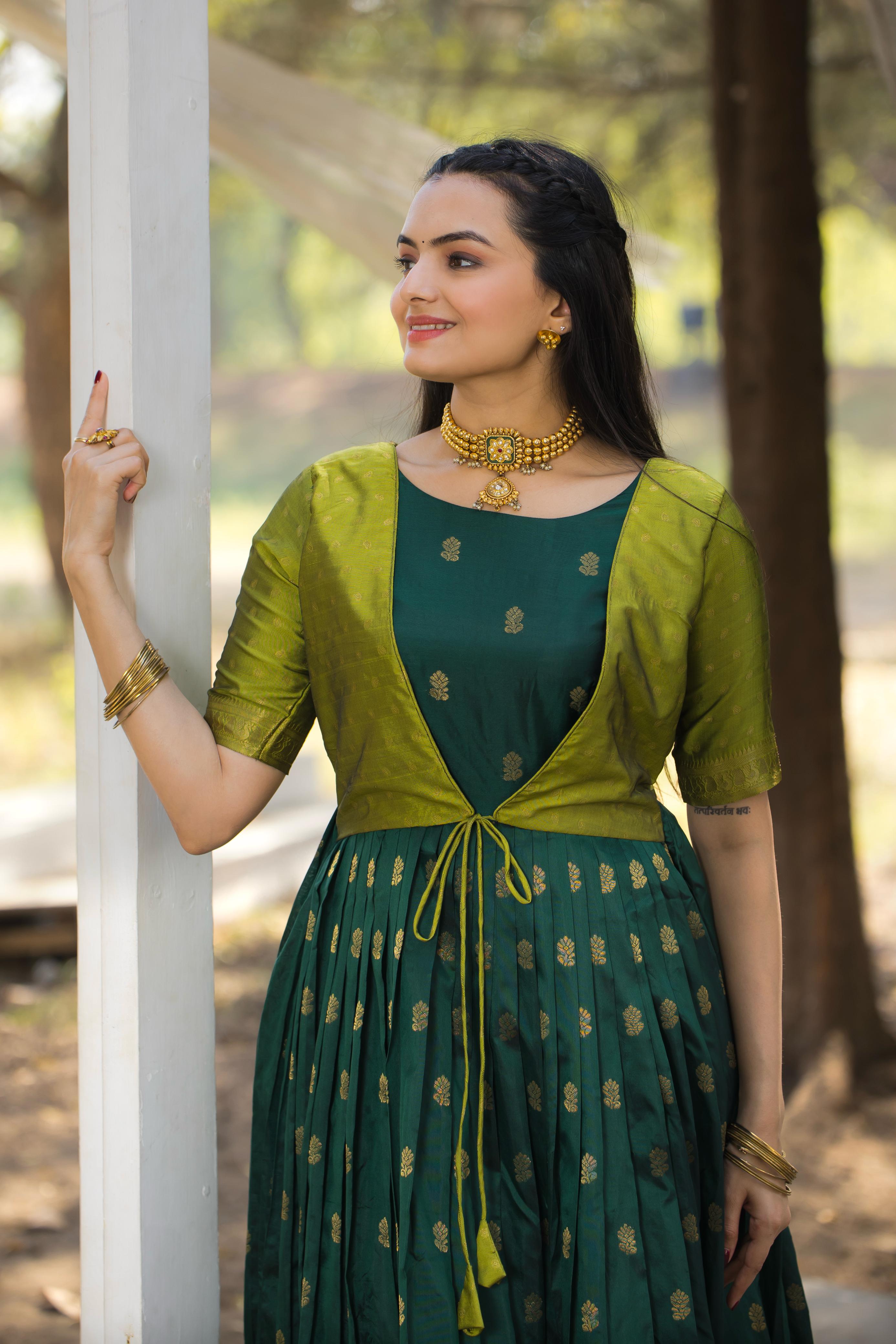 Green Pure Silk Blend with Jacket Long Gown 