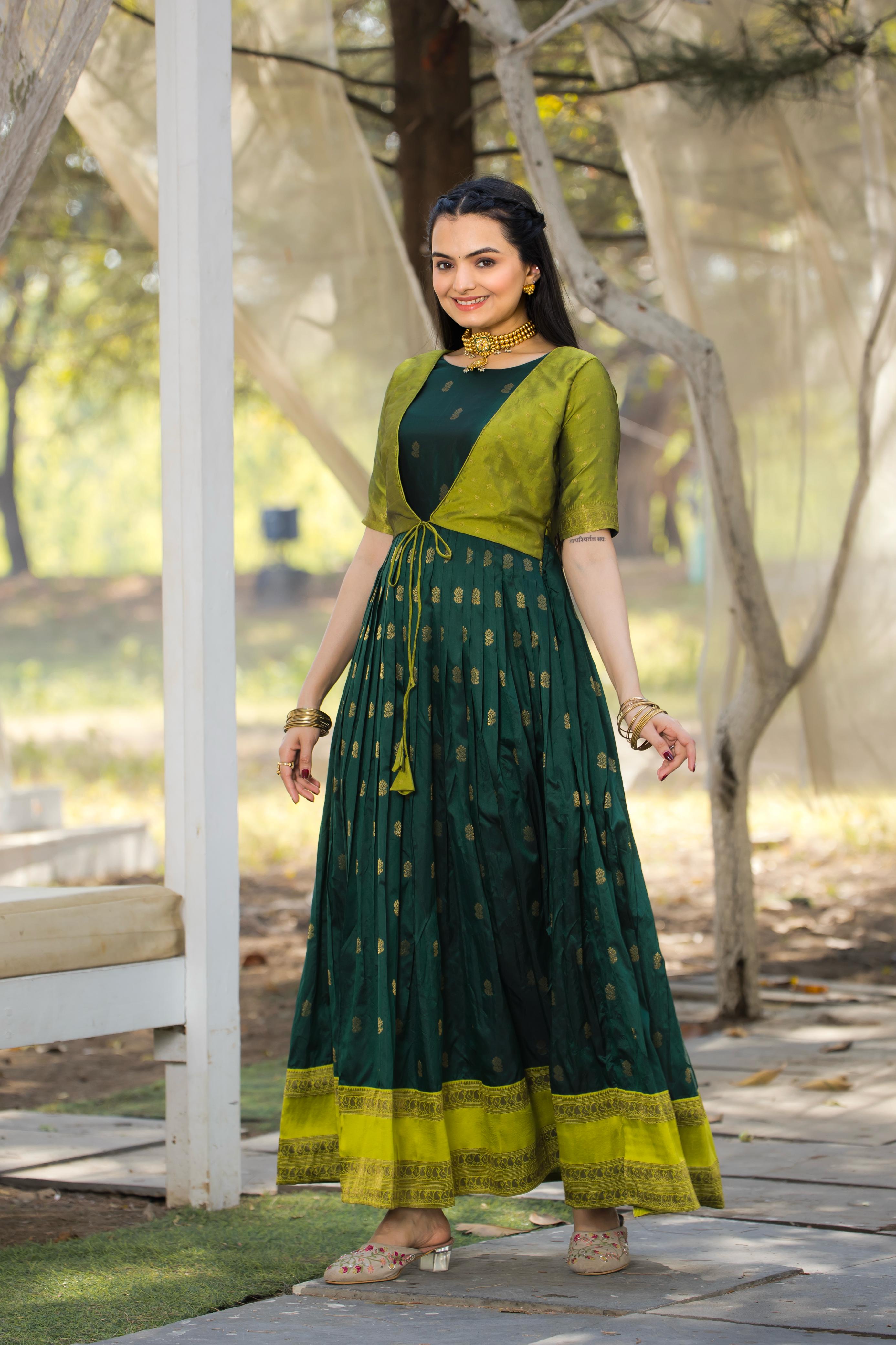 Green Pure Silk Blend with Jacket Long Gown 